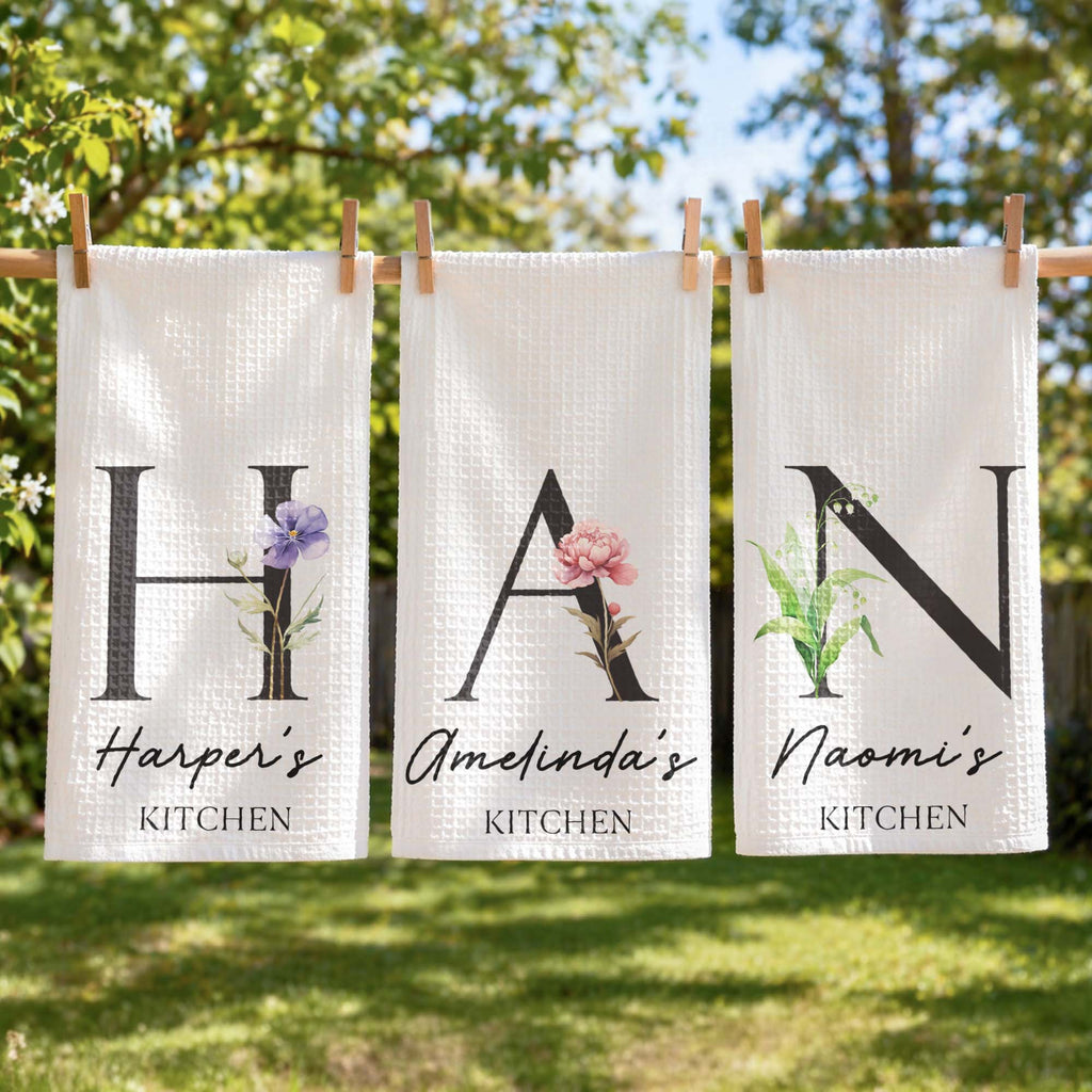 Custom Tea Towel Name & Birth Flower Kitchen Decor - Personalized Kitchen Towel