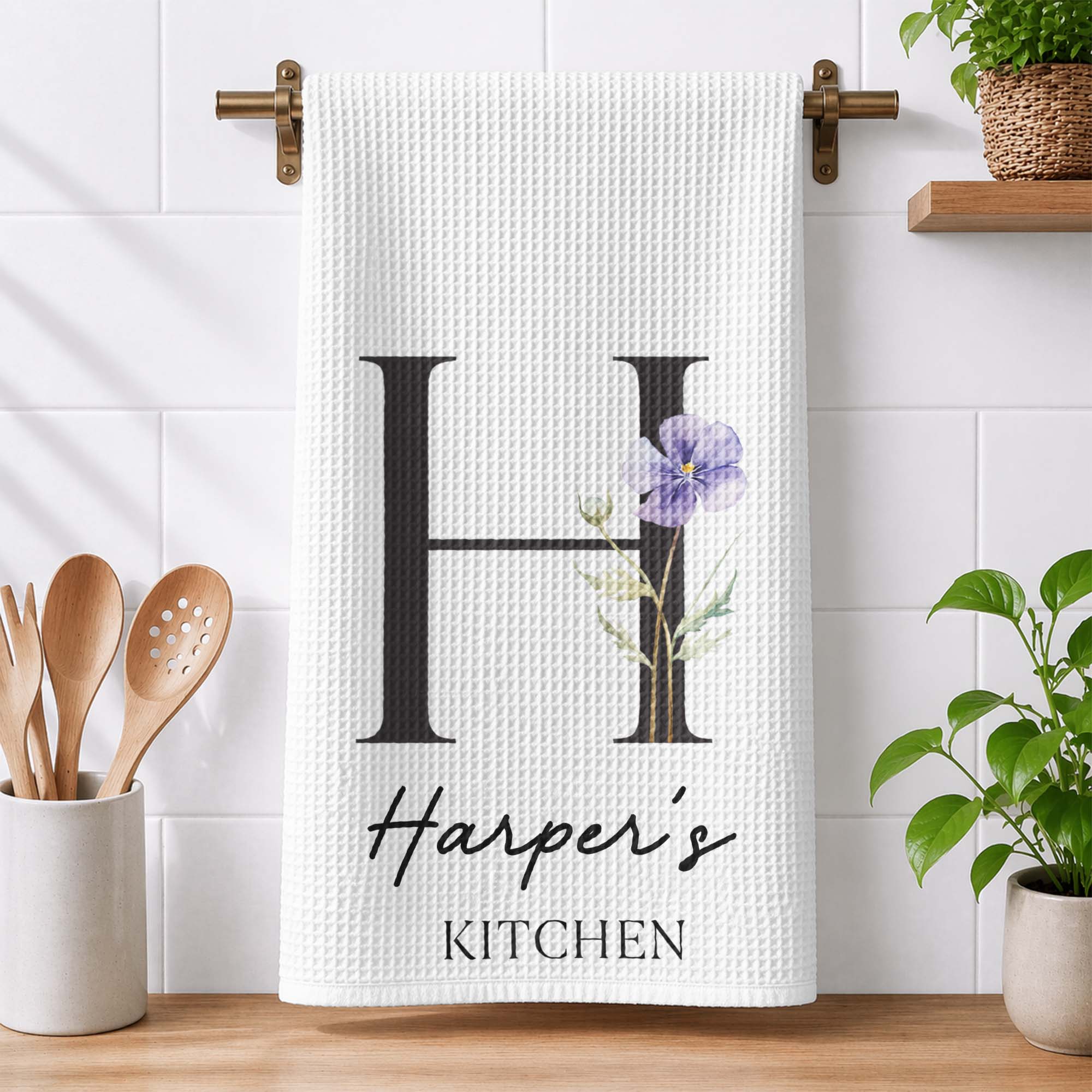 Custom Tea Towel Name & Birth Flower Kitchen Decor - Personalized Kitchen Towel