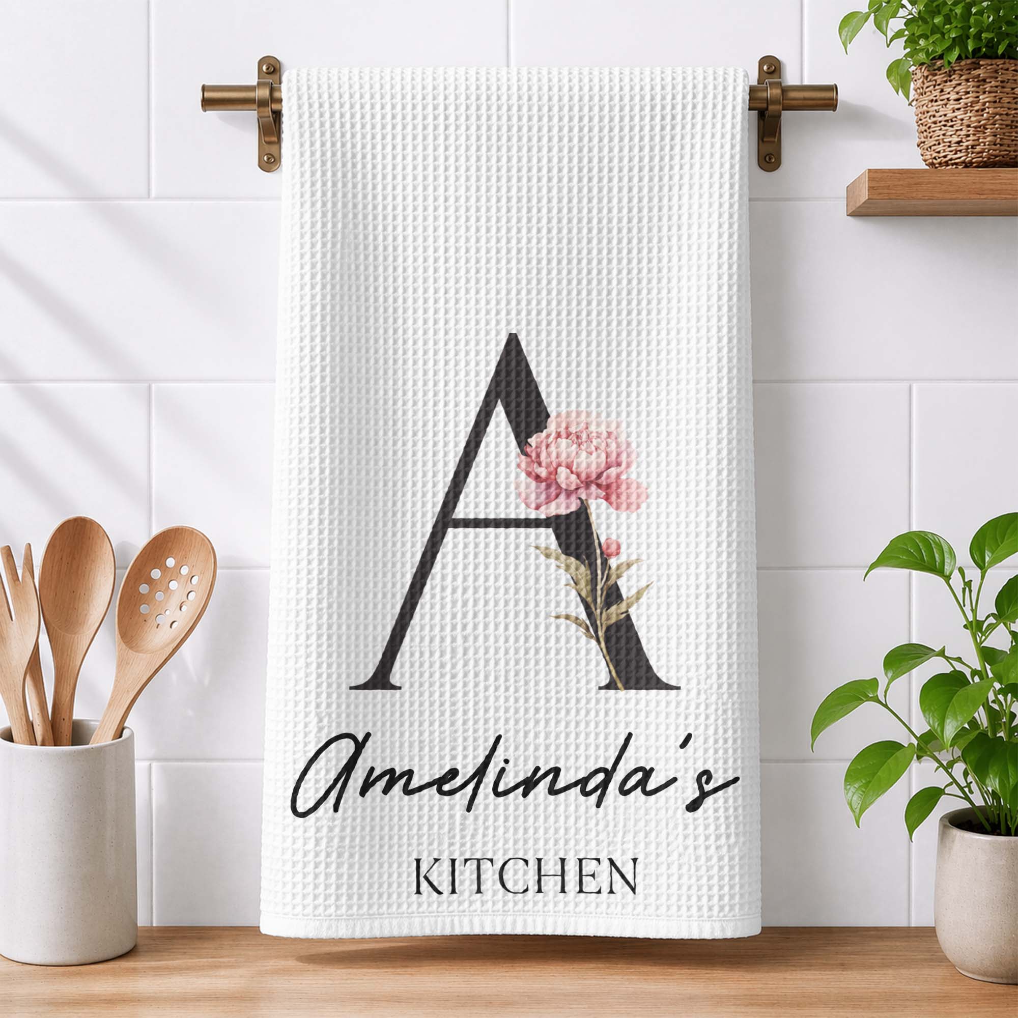 Custom Tea Towel Name & Birth Flower Kitchen Decor - Personalized Kitchen Towel
