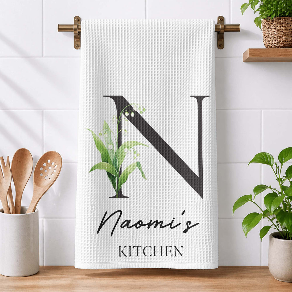Custom Tea Towel Name & Birth Flower Kitchen Decor - Personalized Kitchen Towel