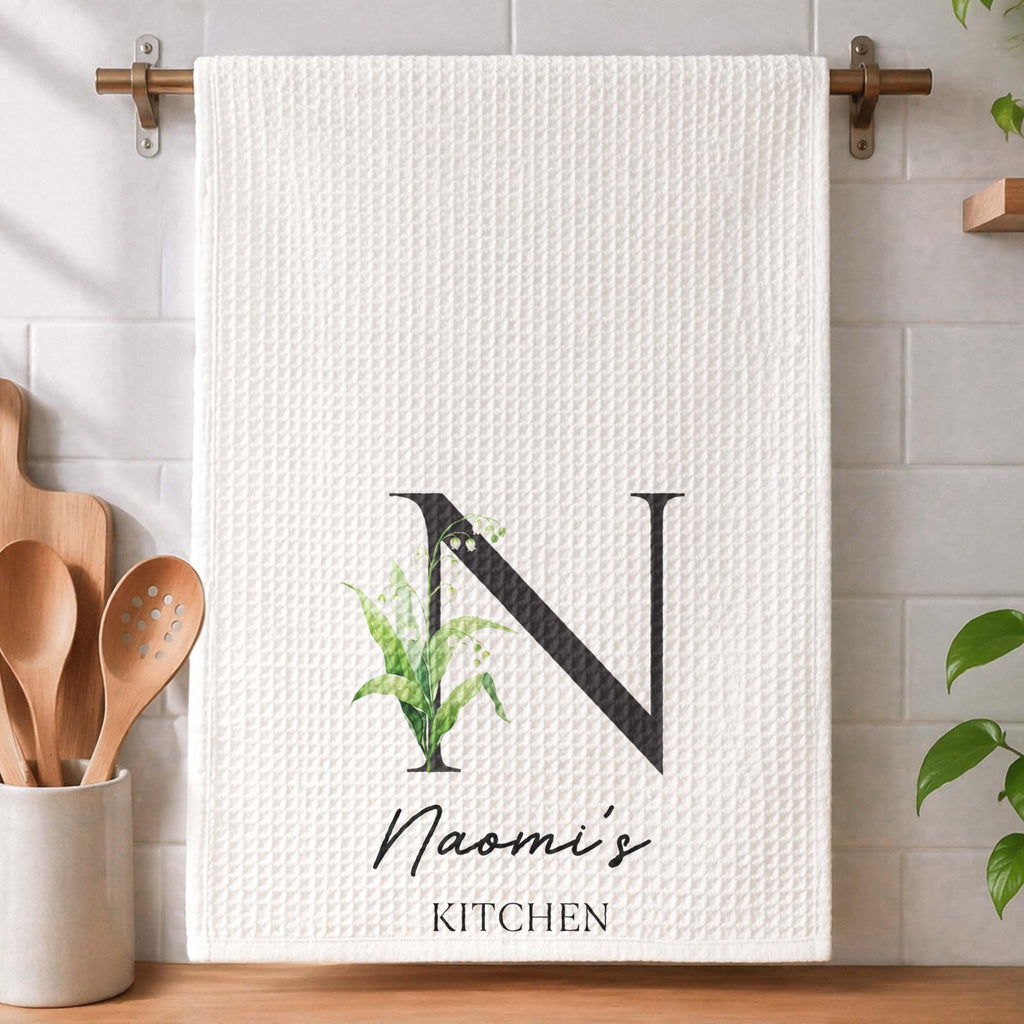 Custom Tea Towel Name & Birth Flower Kitchen Decor - Personalized Kitchen Towel