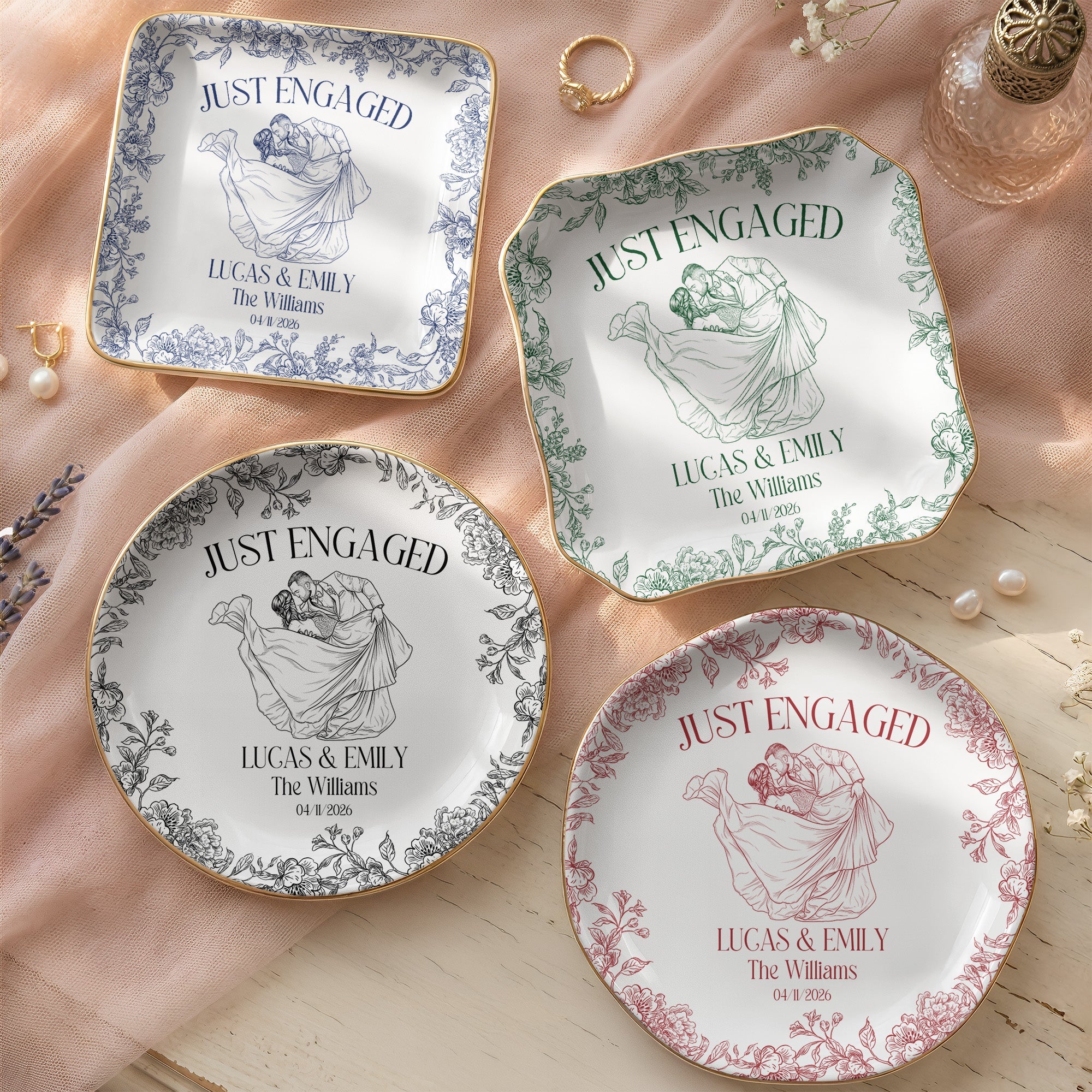 Custom Toile De Jouy Wedding Photo Moments - Gifts For Bride, Her - Personalized Jewelry Dish
