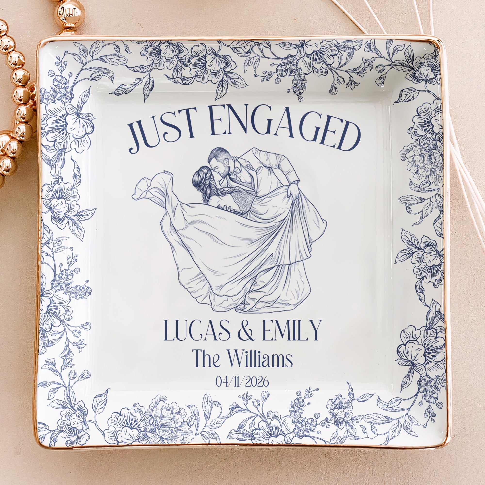 Custom Toile De Jouy Wedding Photo Moments - Gifts For Bride, Her - Personalized Jewelry Dish