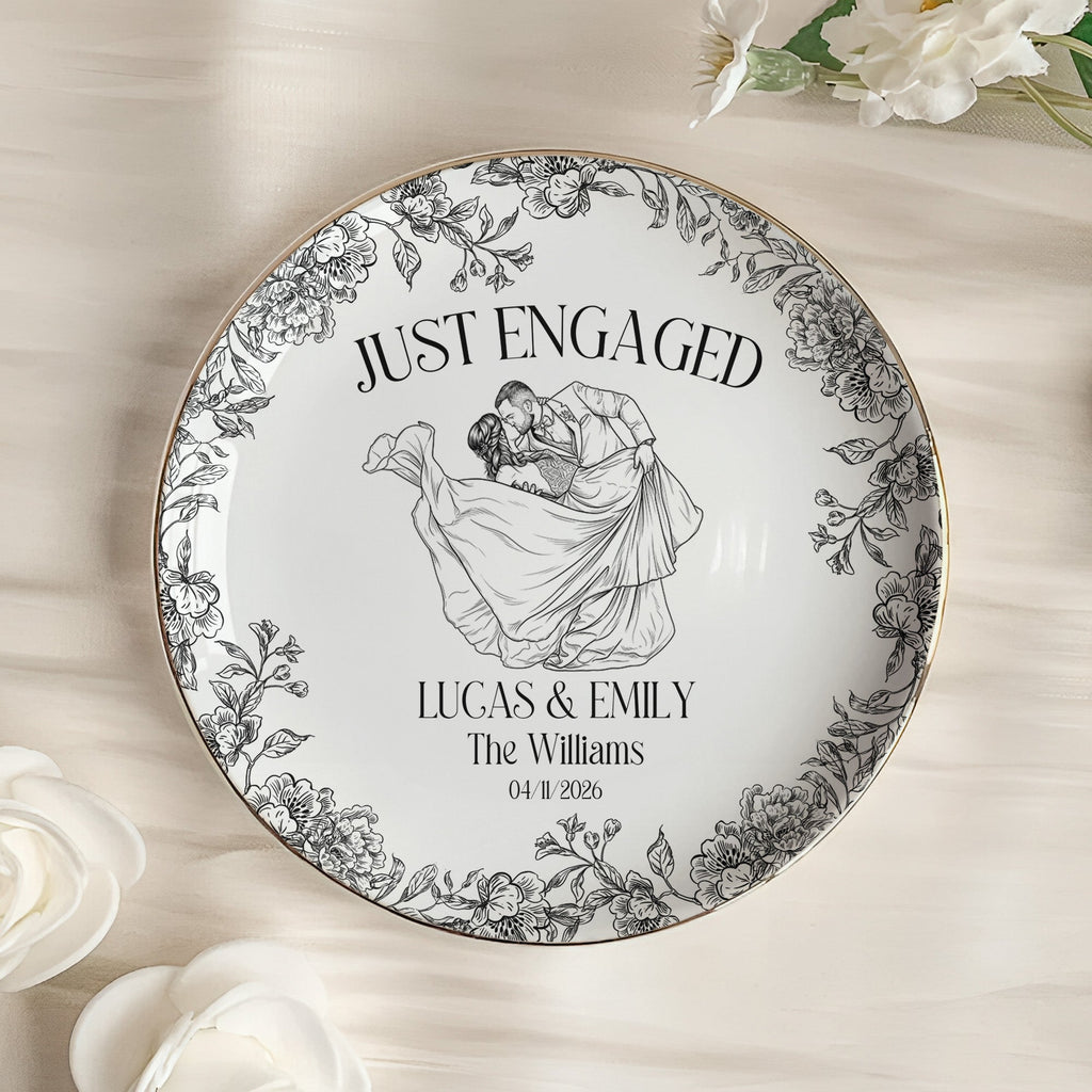 Custom Toile De Jouy Wedding Photo Moments - Gifts For Bride, Her - Personalized Jewelry Dish