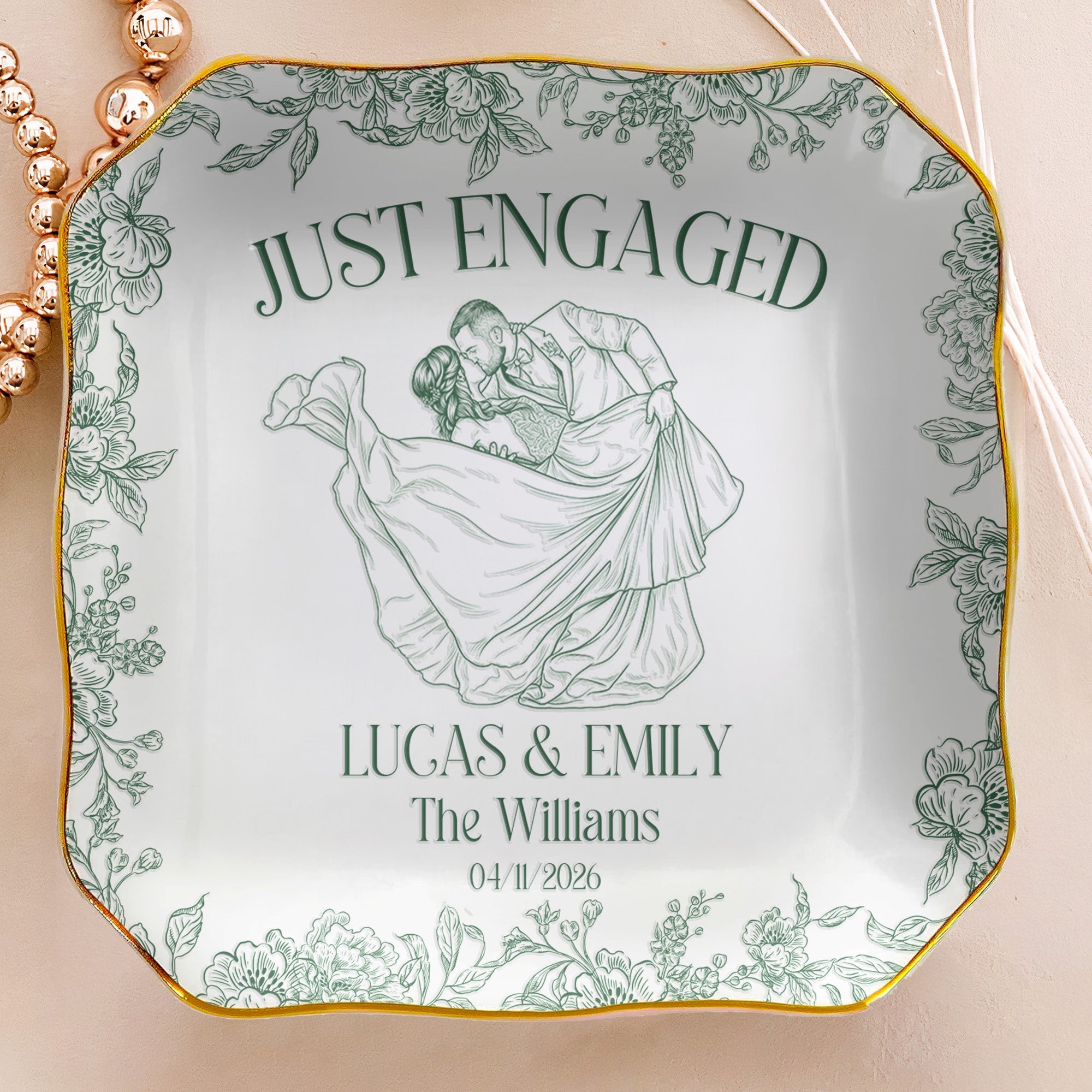 Custom Toile De Jouy Wedding Photo Moments - Gifts For Bride, Her - Personalized Jewelry Dish