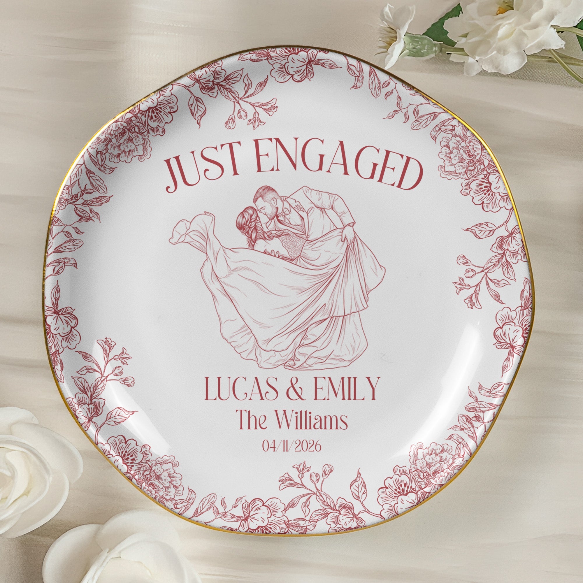 Custom Toile De Jouy Wedding Photo Moments - Gifts For Bride, Her - Personalized Jewelry Dish