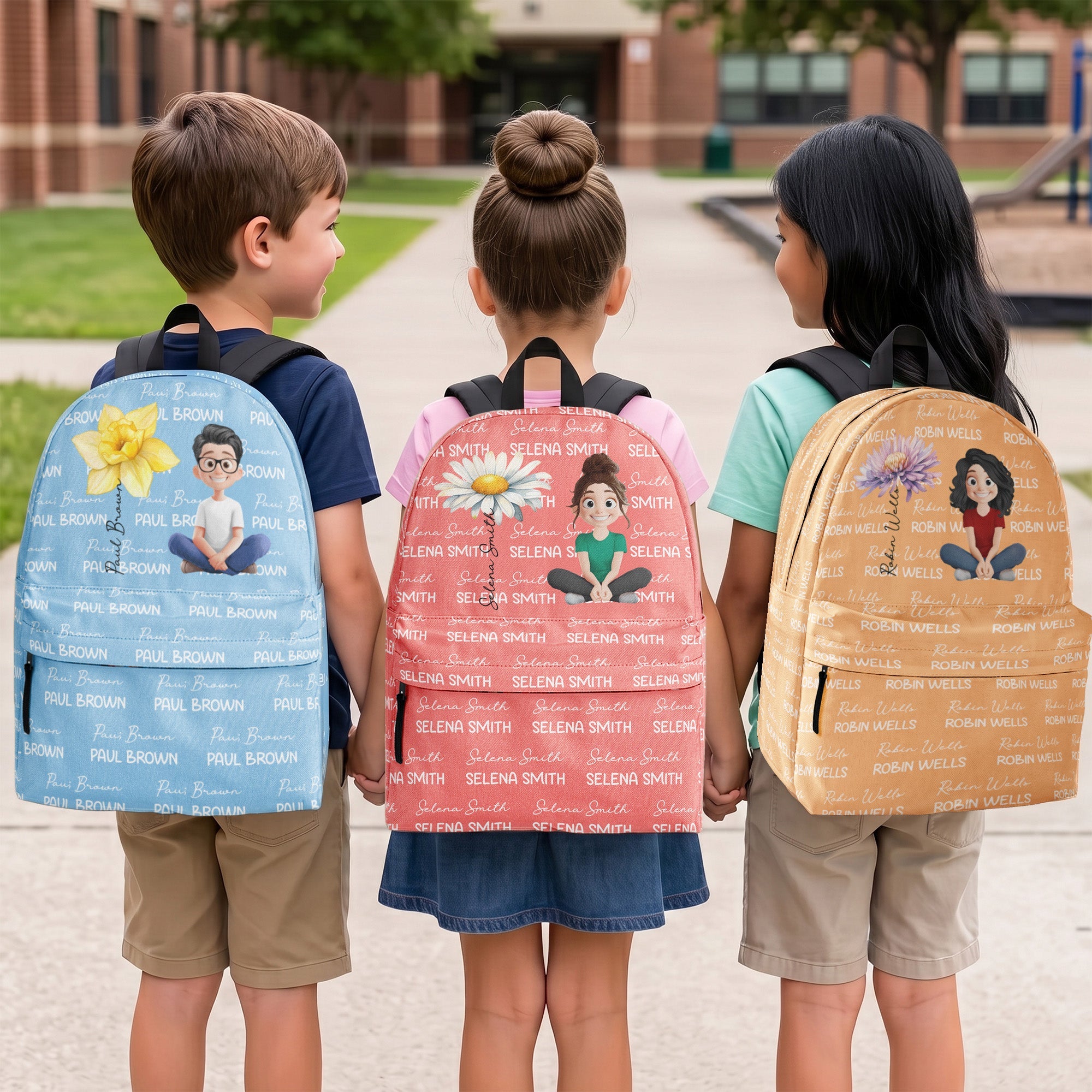 Cute Cartoon Birth Flower With Name Pattern - Personalized Backpack