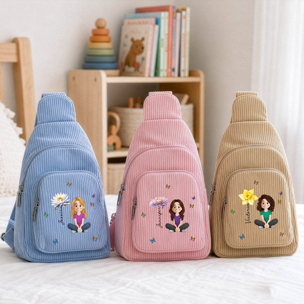 Cute Cartoon With Birth Month Flower - Personalized Sling Bag