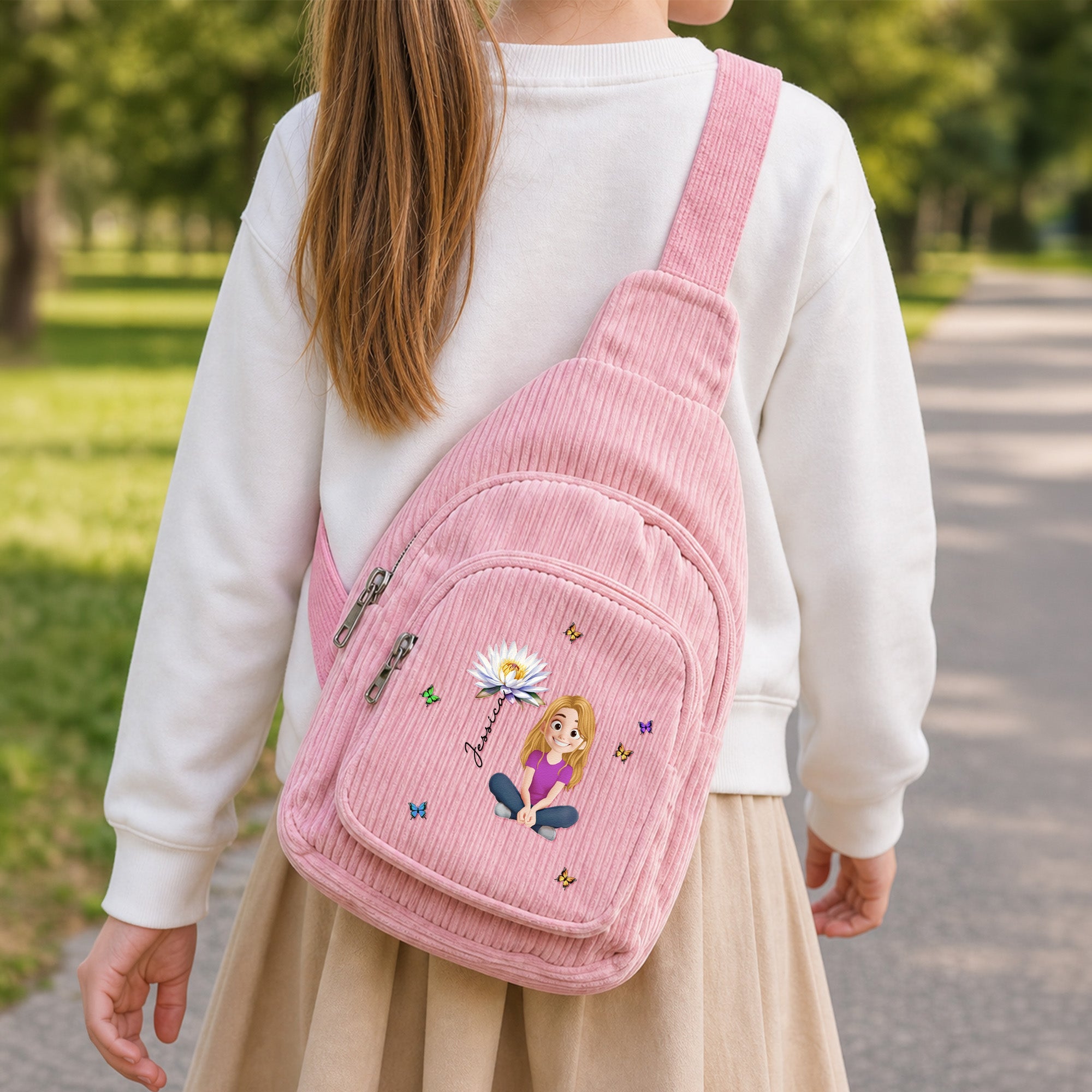 Cute Cartoon With Birth Month Flower - Personalized Sling Bag