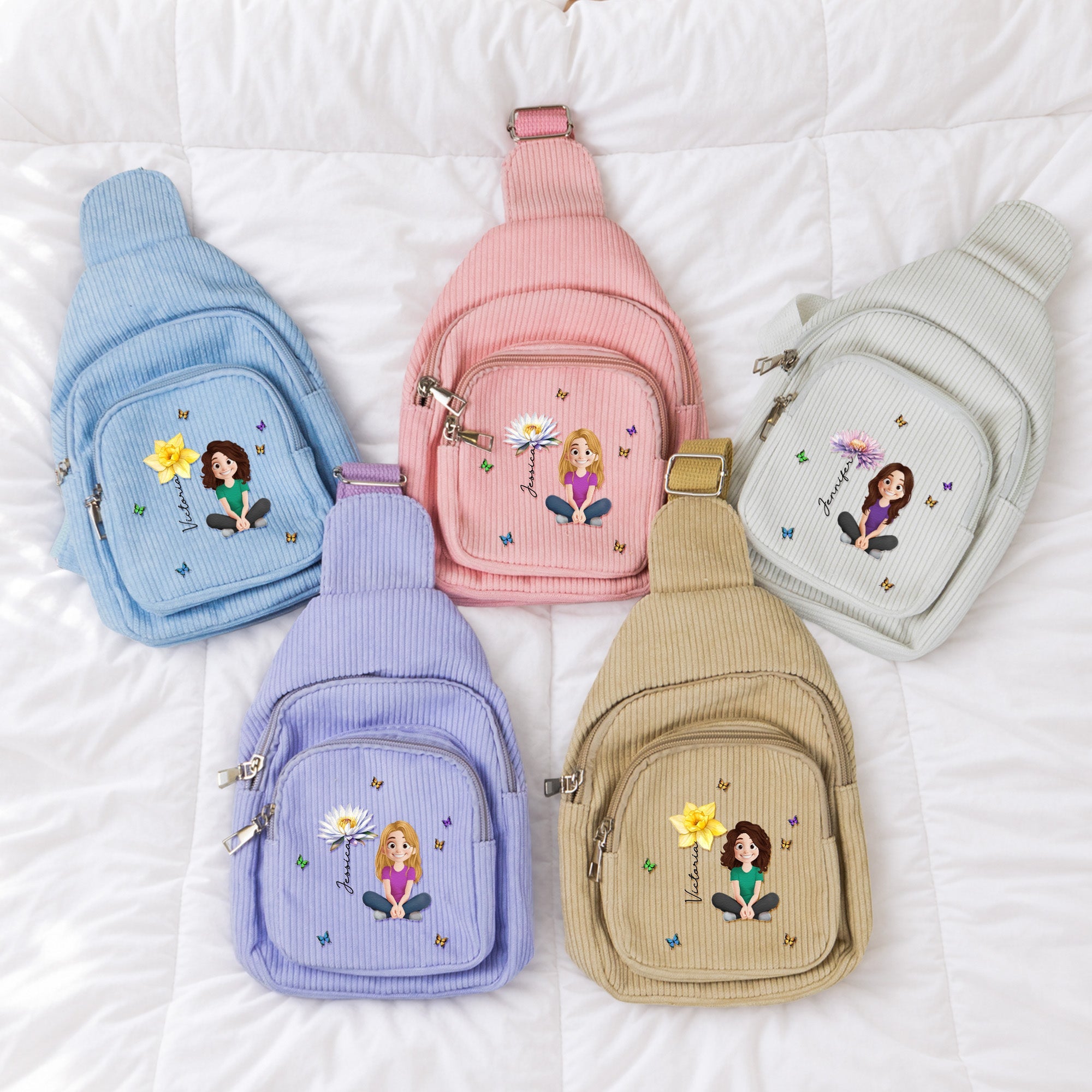 Cute Cartoon With Birth Month Flower - Personalized Sling Bag