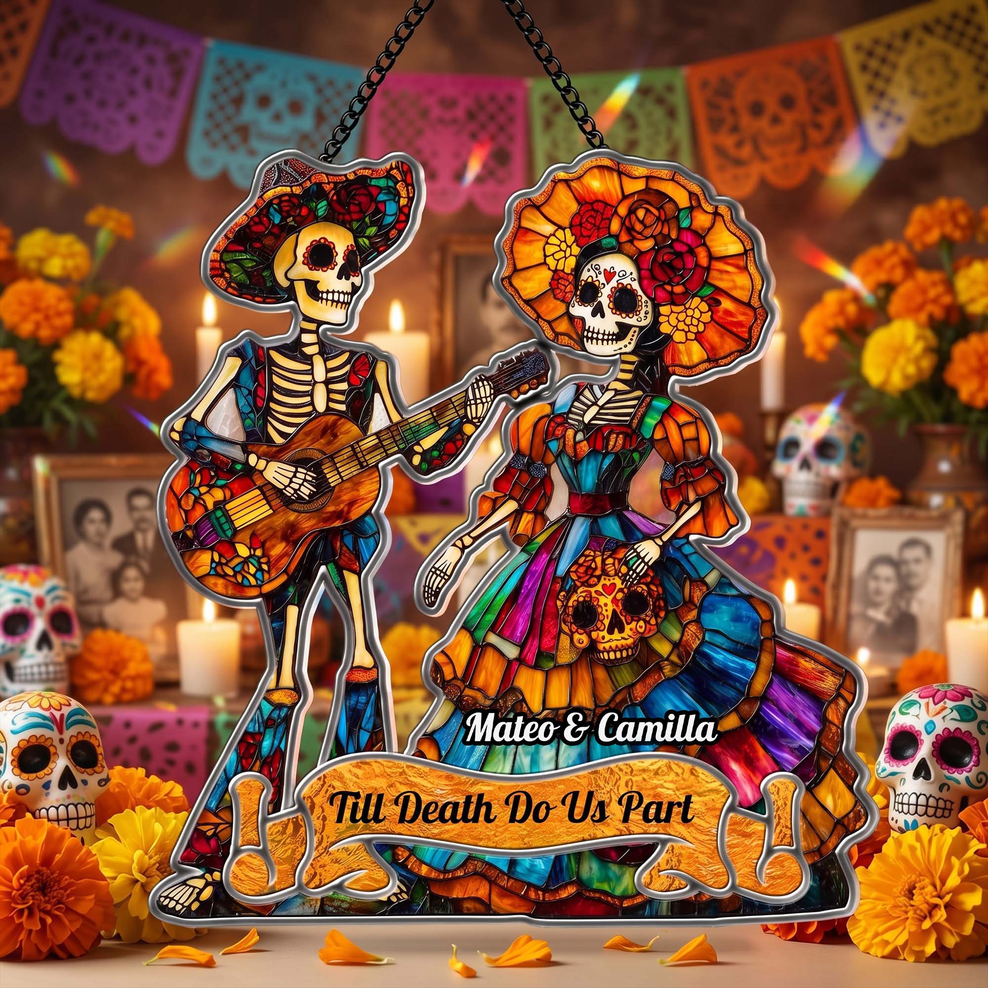 Day Of The Dead Festive La Catrina Couple - Personalized Window Hanging Suncatcher