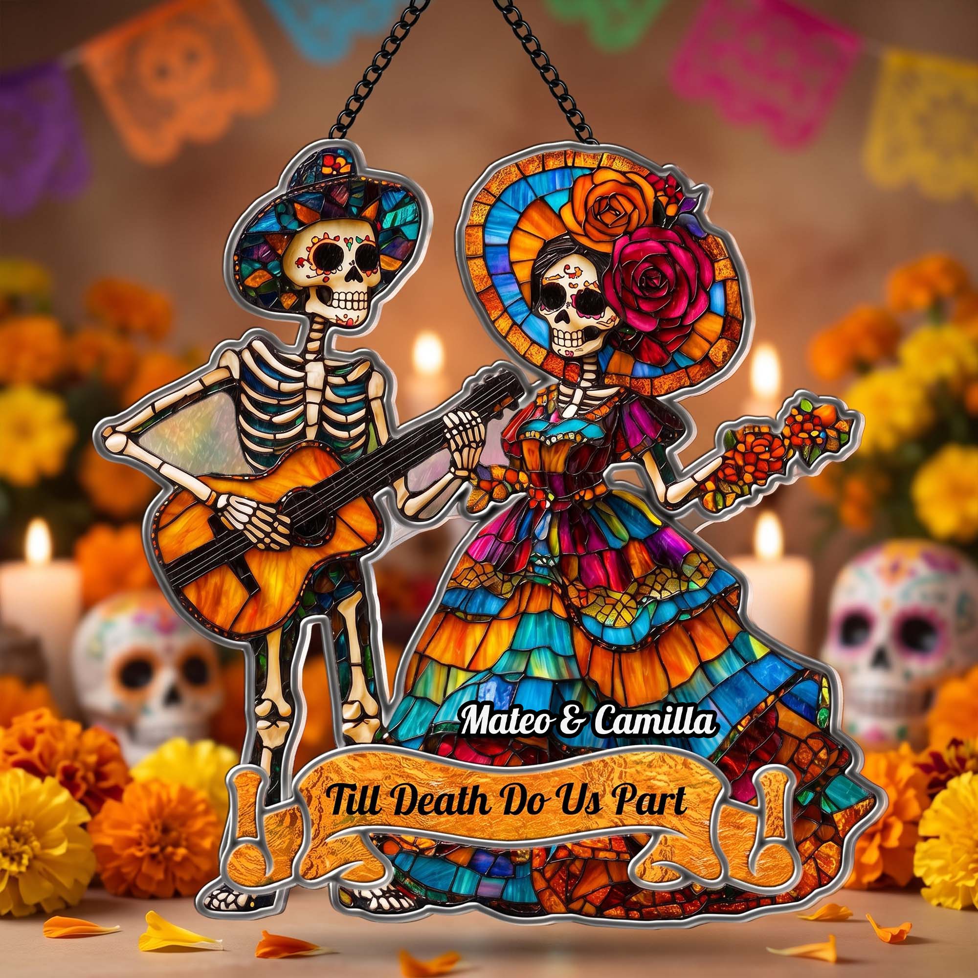 Day Of The Dead Festive La Catrina Couple - Personalized Window Hanging Suncatcher