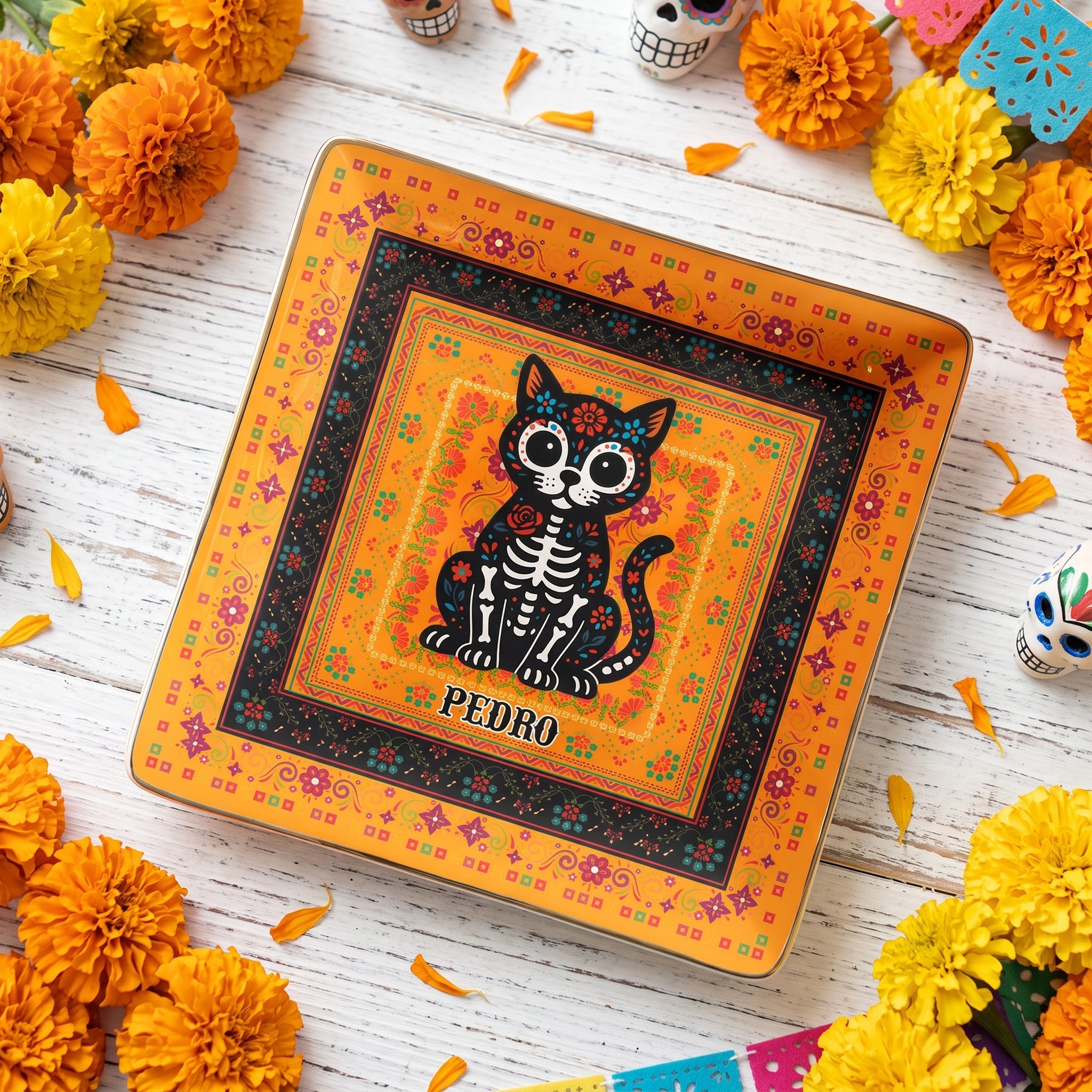 Day Of The Dead Dog Cat Pet Hispanic Mexican Flowers - Personalized Jewelry Dish