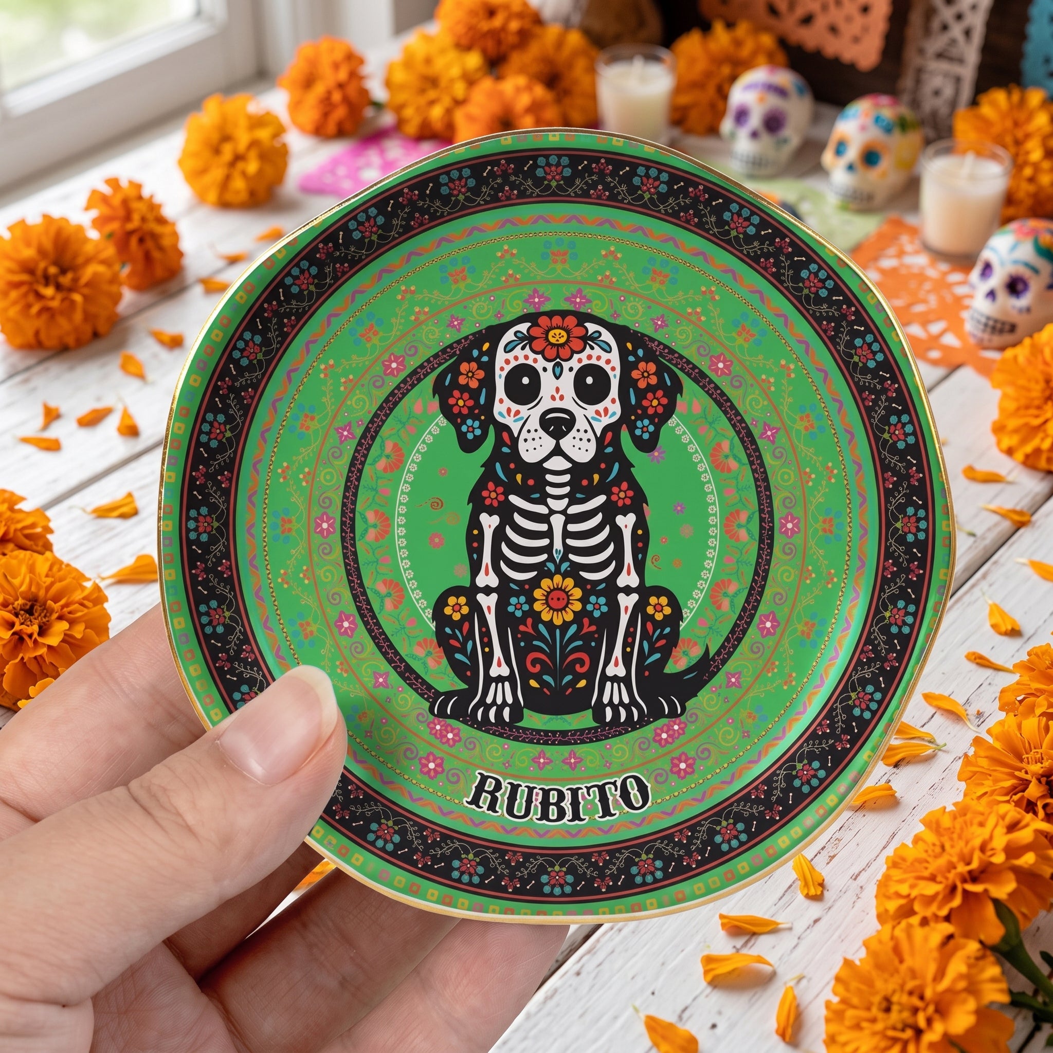 Day Of The Dead Dog Cat Pet Hispanic Mexican Flowers - Personalized Jewelry Dish