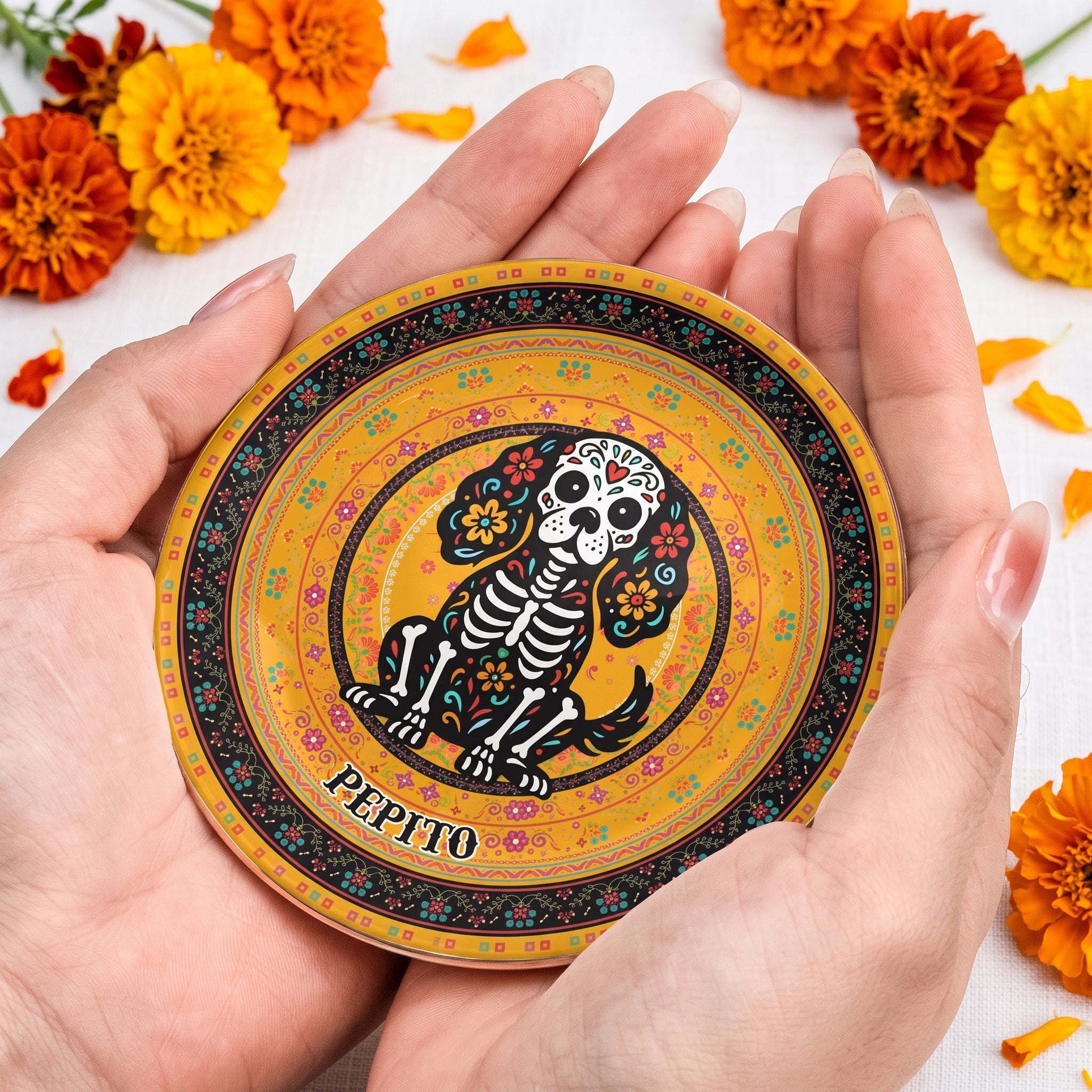 Day Of The Dead Dog Cat Pet Hispanic Mexican Flowers - Personalized Jewelry Dish