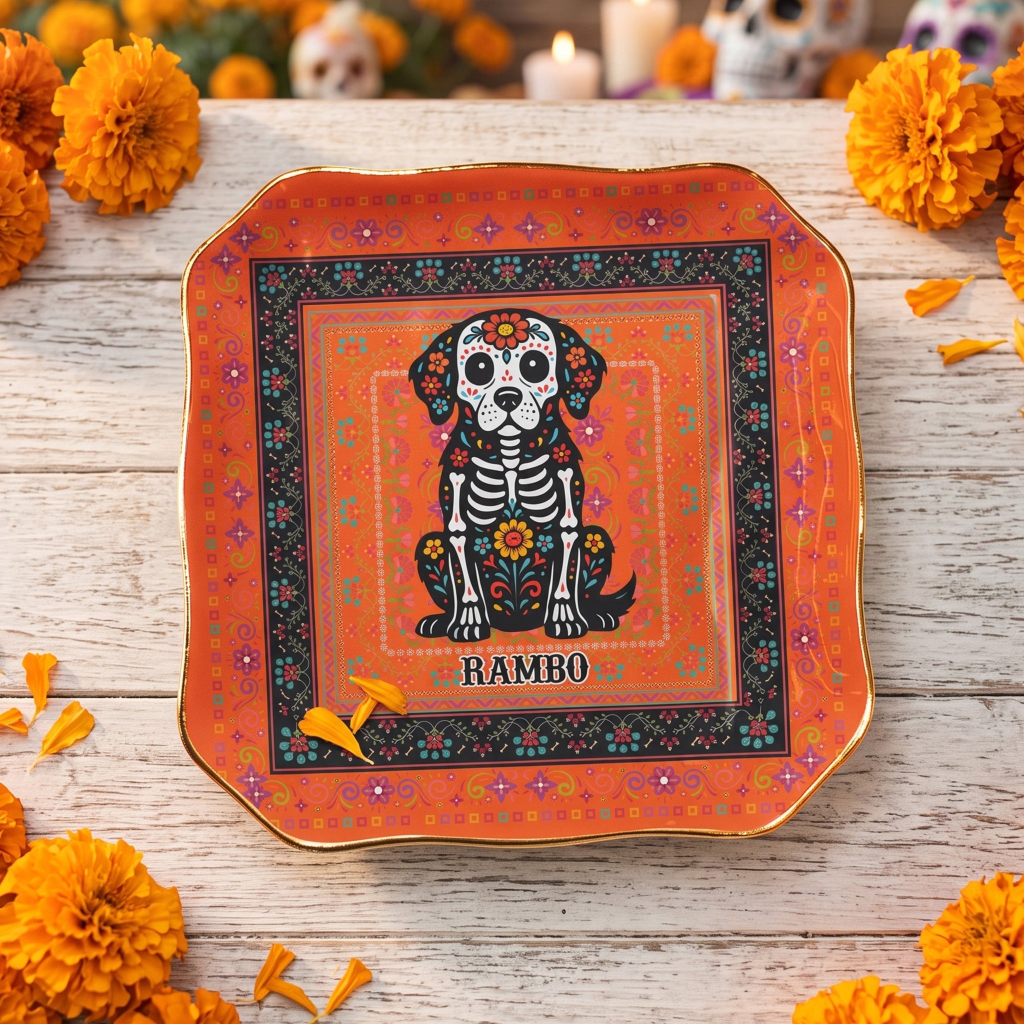 Day Of The Dead Dog Cat Pet Hispanic Mexican Flowers - Personalized Jewelry Dish