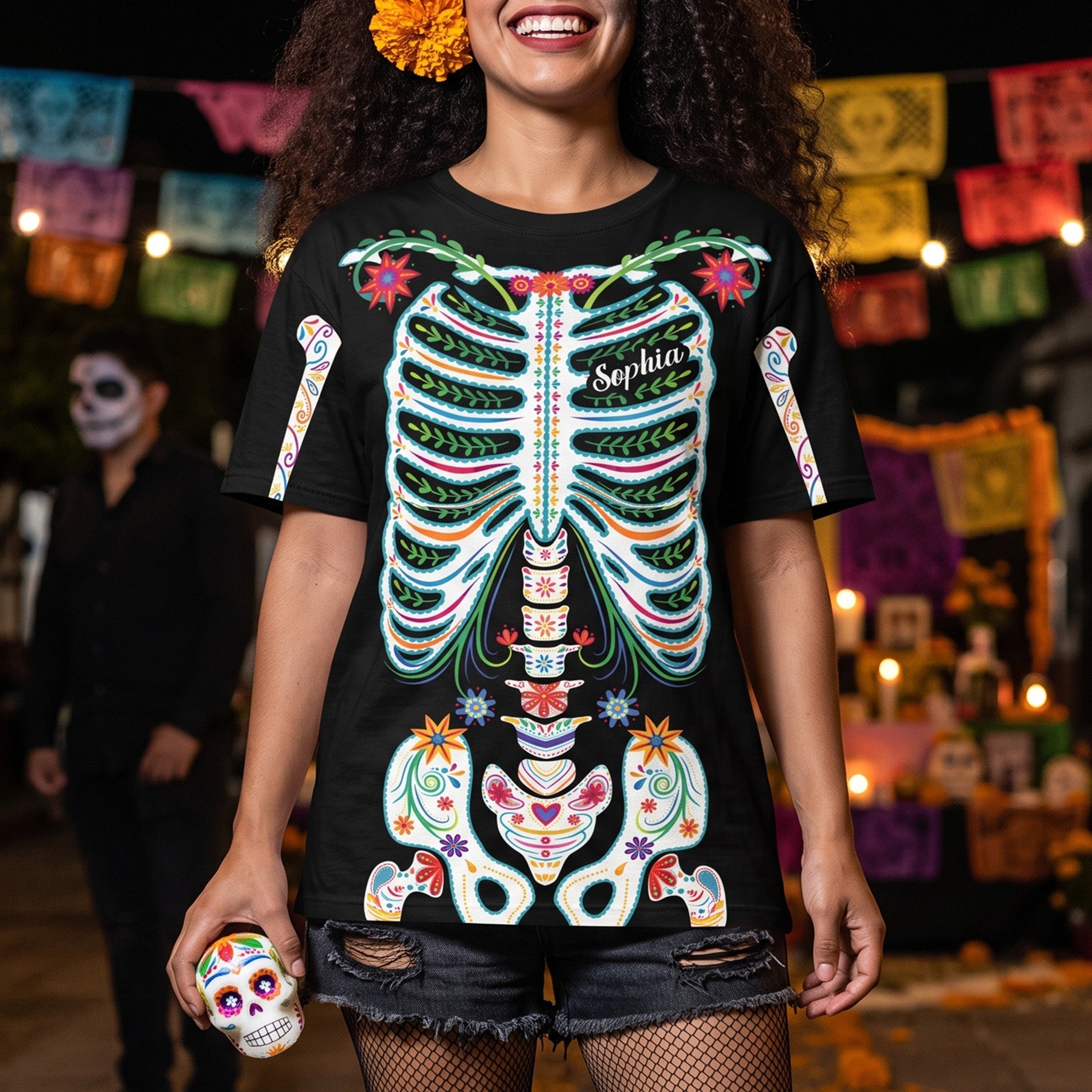 Day Of The Dead Sugar Skeleton Hispanic Mexican Latinos Flowers - Personalized Shirt