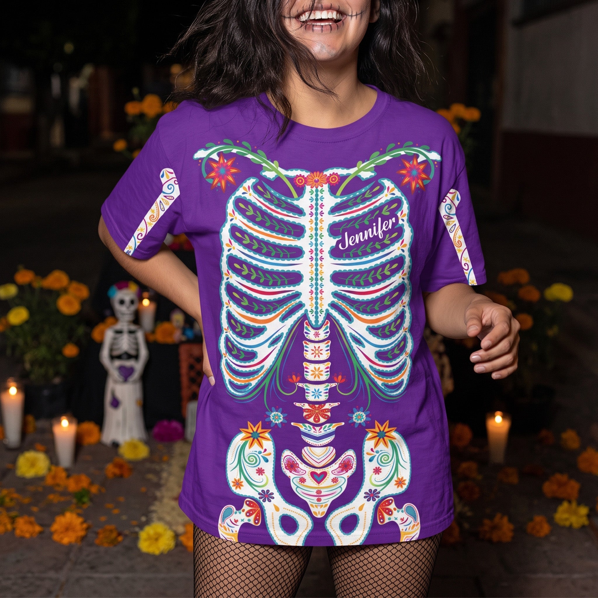 Day Of The Dead Sugar Skeleton Hispanic Mexican Latinos Flowers - Personalized Shirt