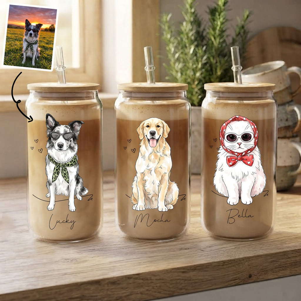 Dog Cat Portrait Watercolor Art - Personalized Glass Cup
