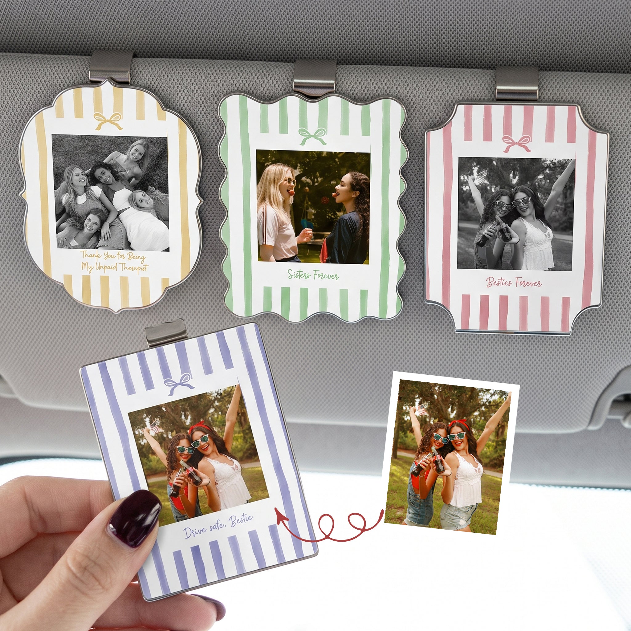 Drive Safe, Bestie - Retro Frame - Upload Friendship Photo - Personalized Car Visor Clip
