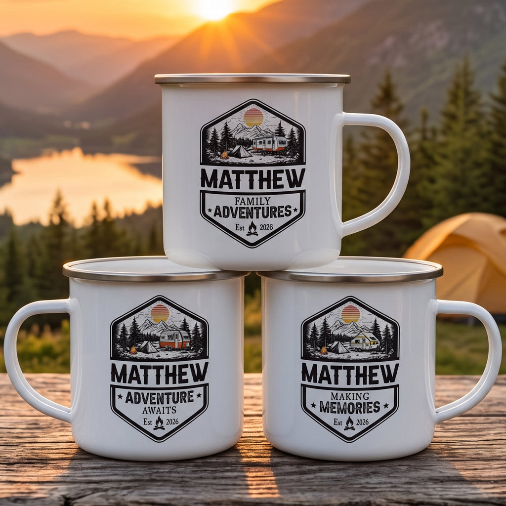 Family Adventures Camping Mug, Lake Friends Trip, Camper Enamel Mug - Personalized Mugs