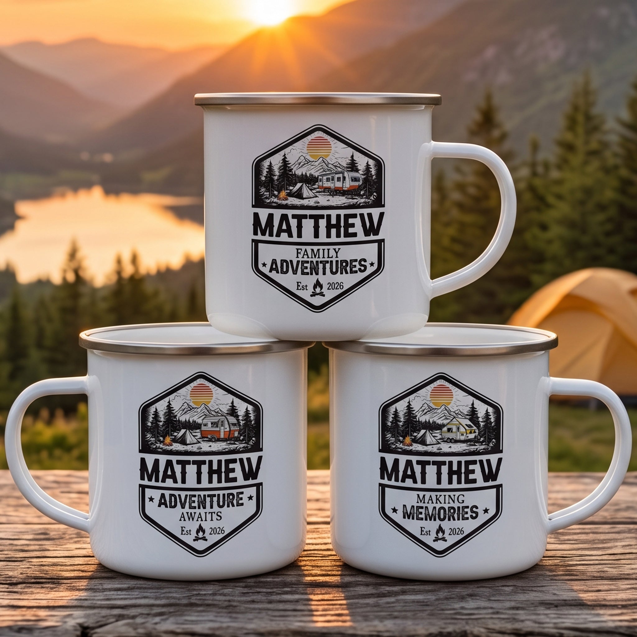 Family Adventures Camping Mug, Lake Friends Trip, Camper Enamel Mug - Personalized Mugs