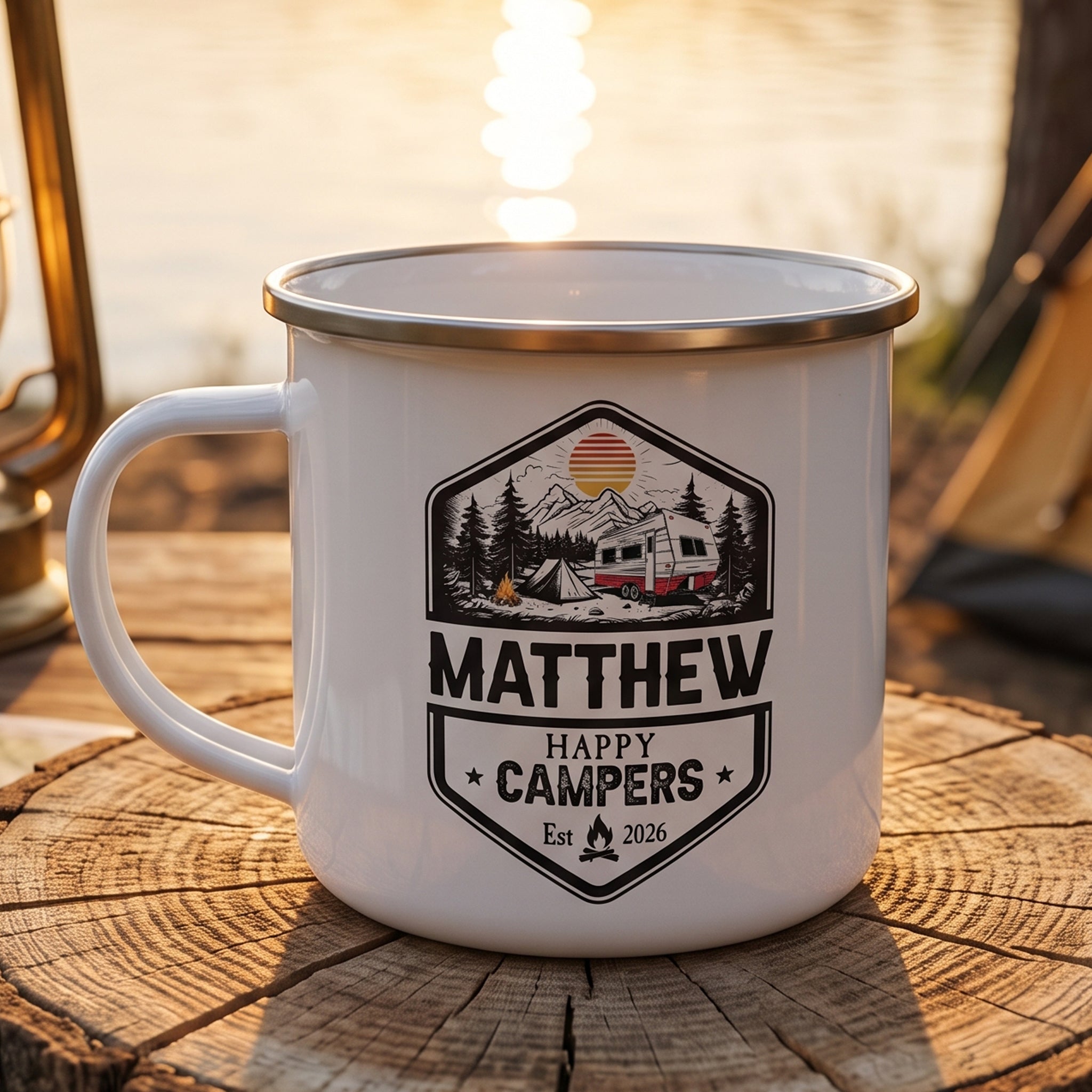 Family Adventures Camping Mug, Lake Friends Trip, Camper Enamel Mug - Personalized Mugs