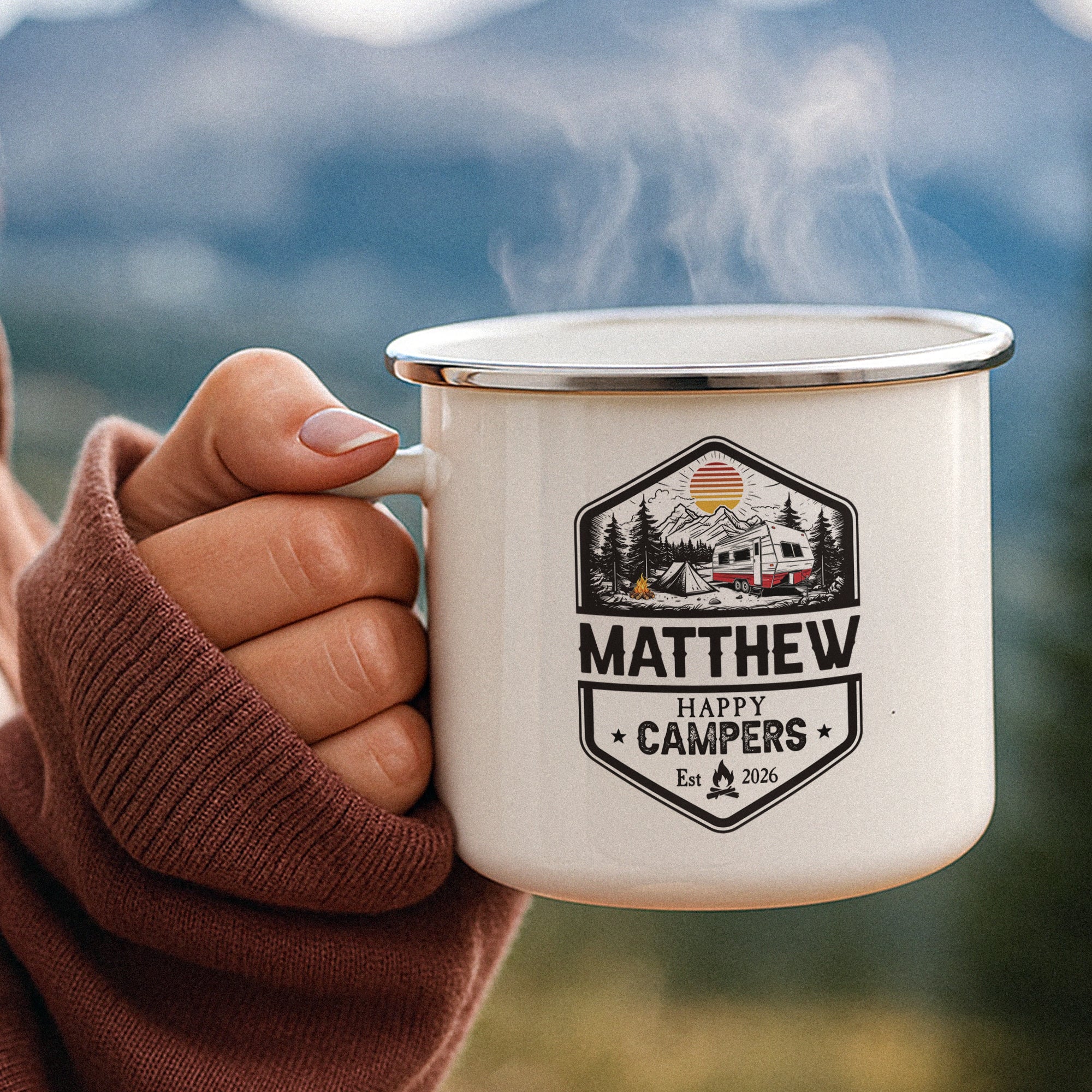 Family Adventures Camping Mug, Lake Friends Trip, Camper Enamel Mug - Personalized Mugs