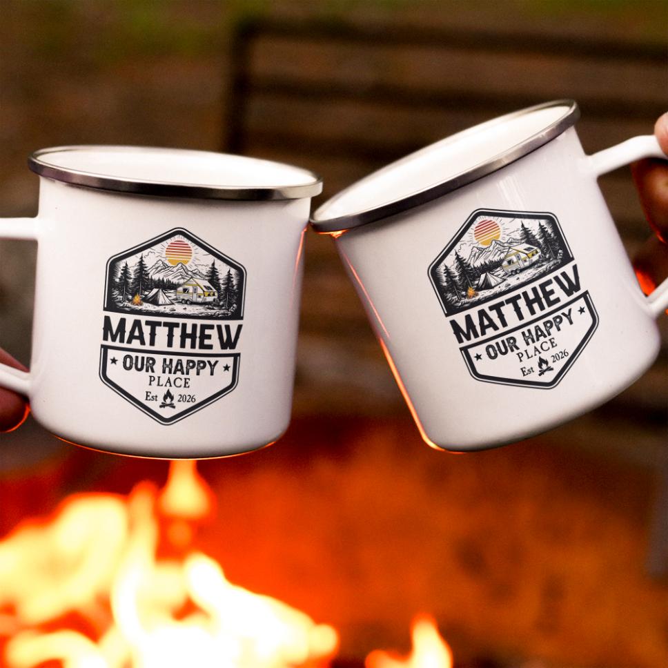 Family Adventures Camping Mug, Lake Friends Trip, Camper Enamel Mug - Personalized Mugs