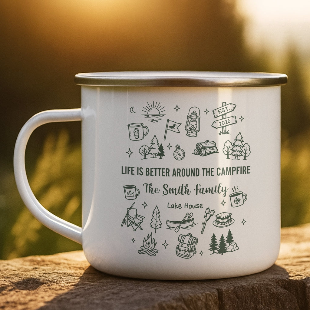 Family Camping Mug, Lake Friends Trip, Camper Adventure Enamel Mug - Personalized Mugs