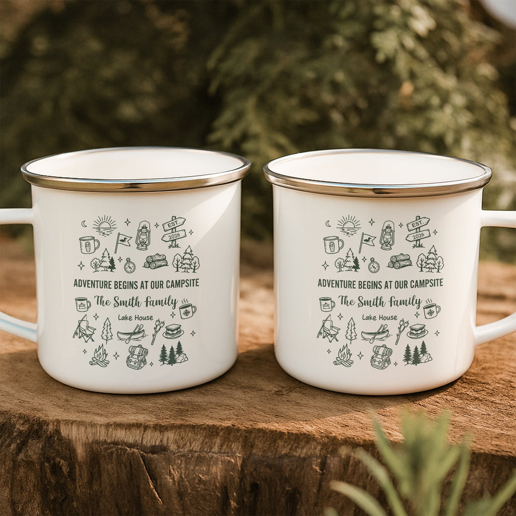 Family Camping Mug, Lake Friends Trip, Camper Adventure Enamel Mug - Personalized Mugs