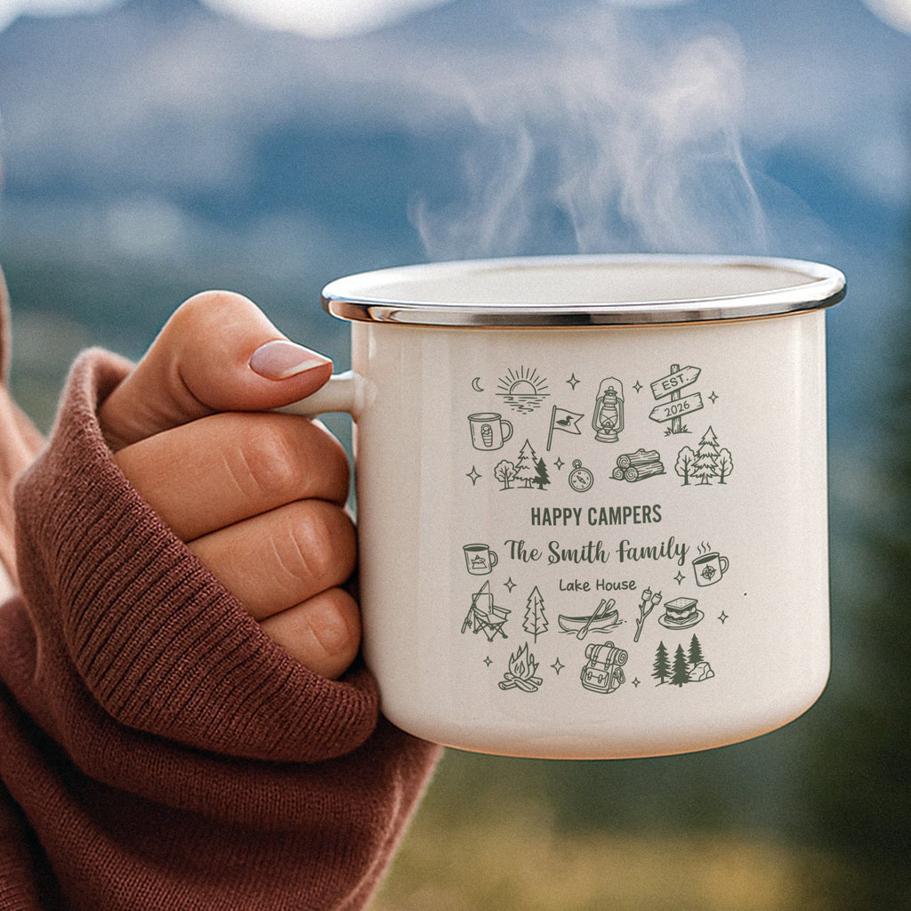Family Camping Mug, Lake Friends Trip, Camper Adventure Enamel Mug - Personalized Mugs