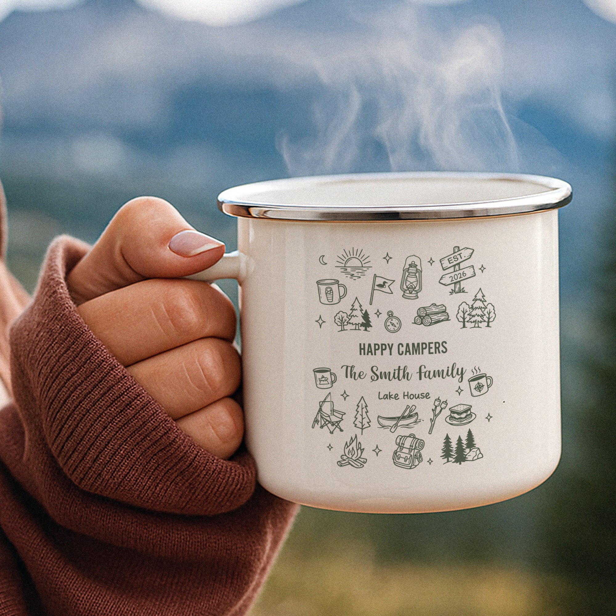 Family Camping Mug, Lake Friends Trip, Camper Adventure Enamel Mug - Personalized Mugs