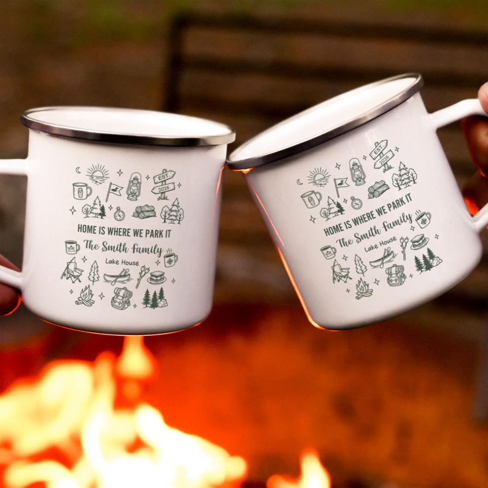 Family Camping Mug, Lake Friends Trip, Camper Adventure Enamel Mug - Personalized Mugs