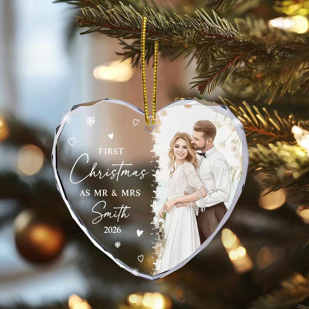 First Christmas As Mr & Mrs Custom Photo Watercolor Art Christmas 2026 - Personalized Ornament