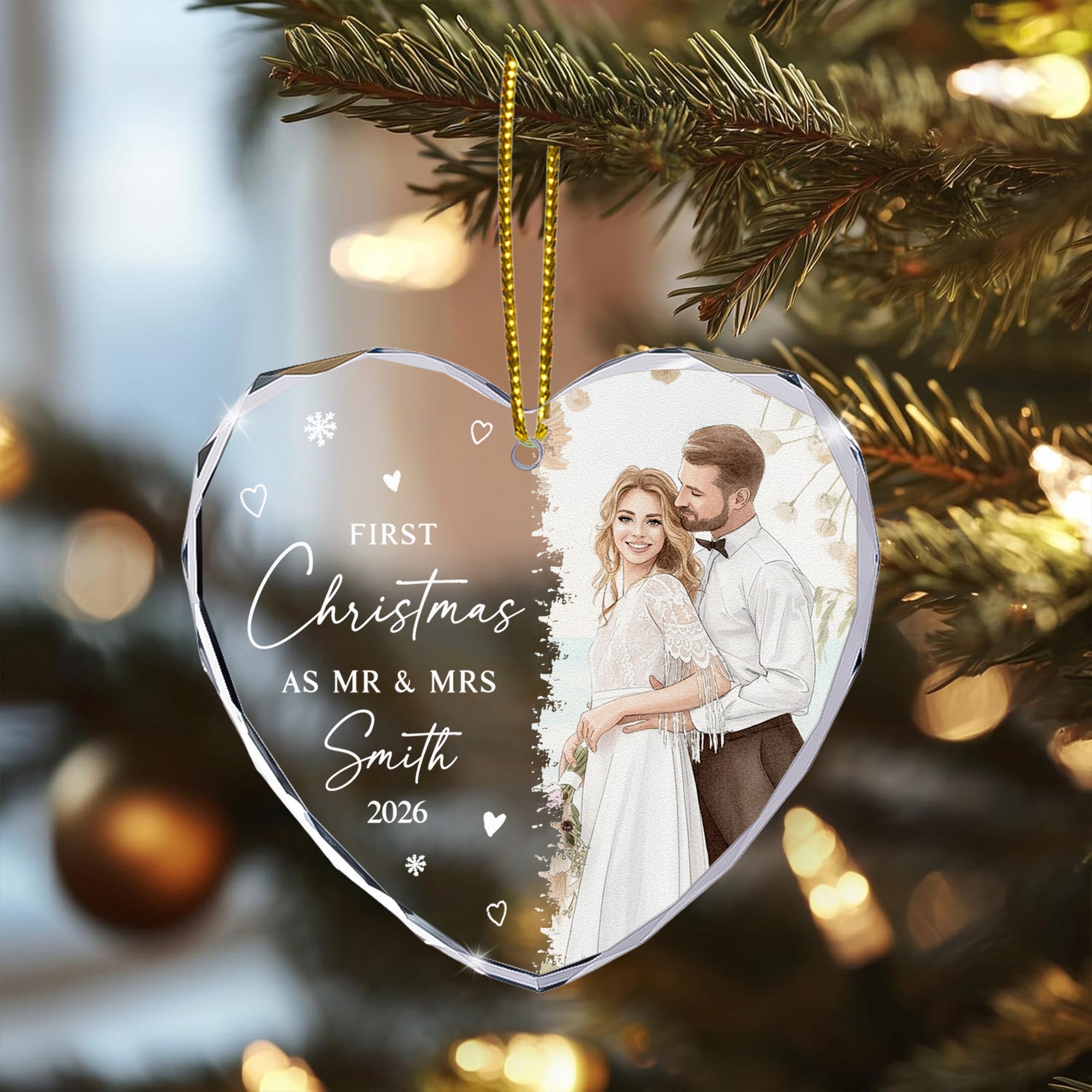 First Christmas As Mr & Mrs Custom Photo Watercolor Art Christmas 2026 - Personalized Ornament
