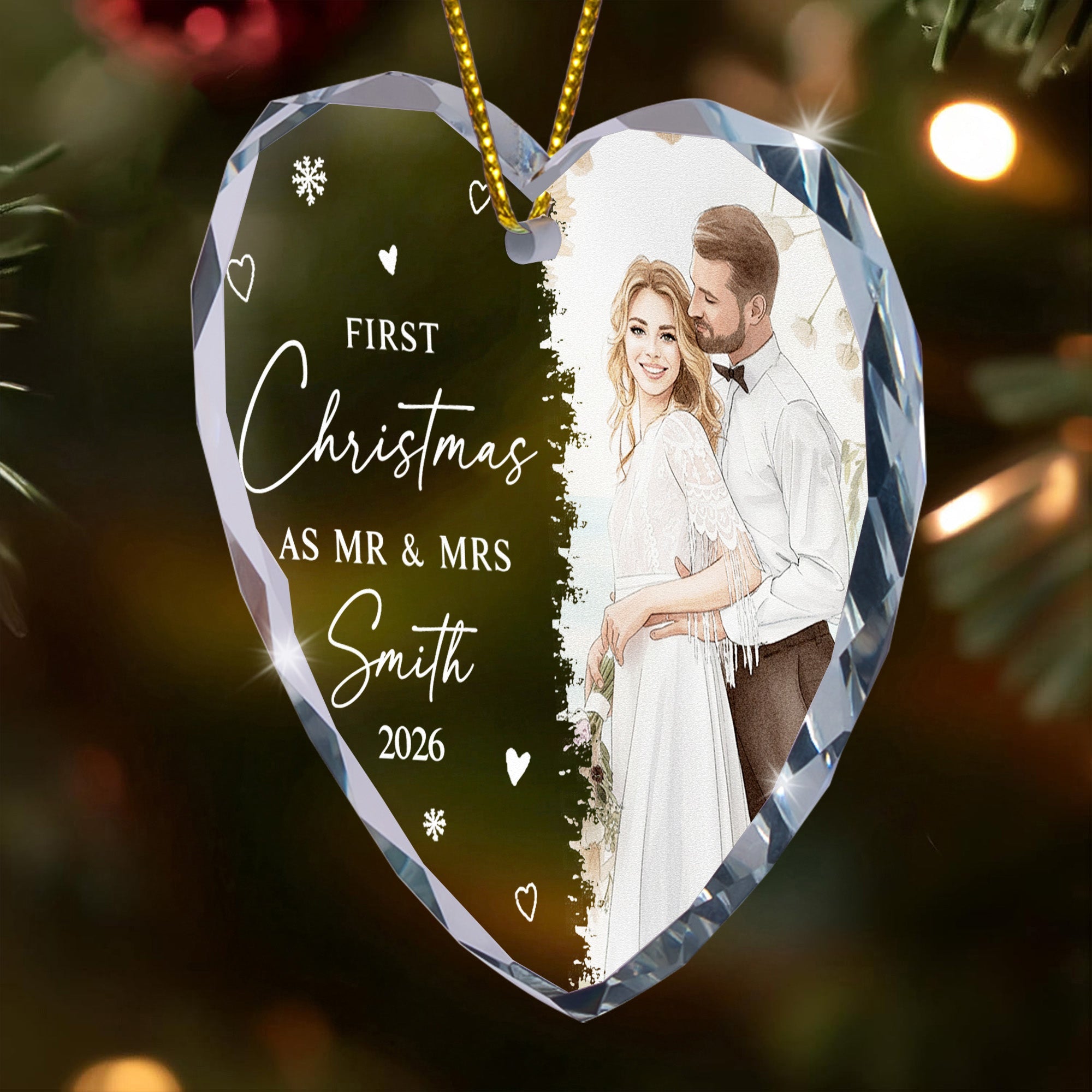 First Christmas As Mr & Mrs Custom Photo Watercolor Art Christmas 2026 - Personalized Ornament