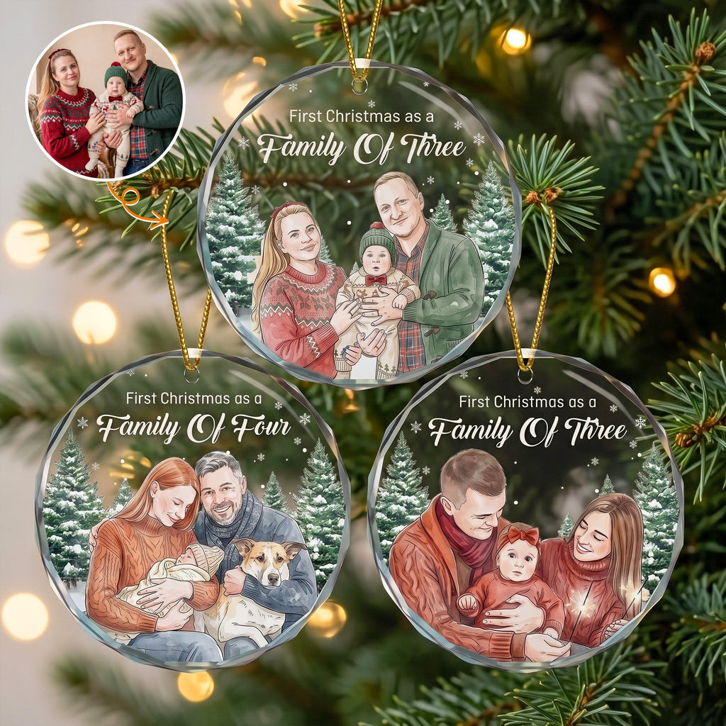 First Christmas As A Family Of Three, Four, Five Custom Photo Watercolor - Personalized Ornament
