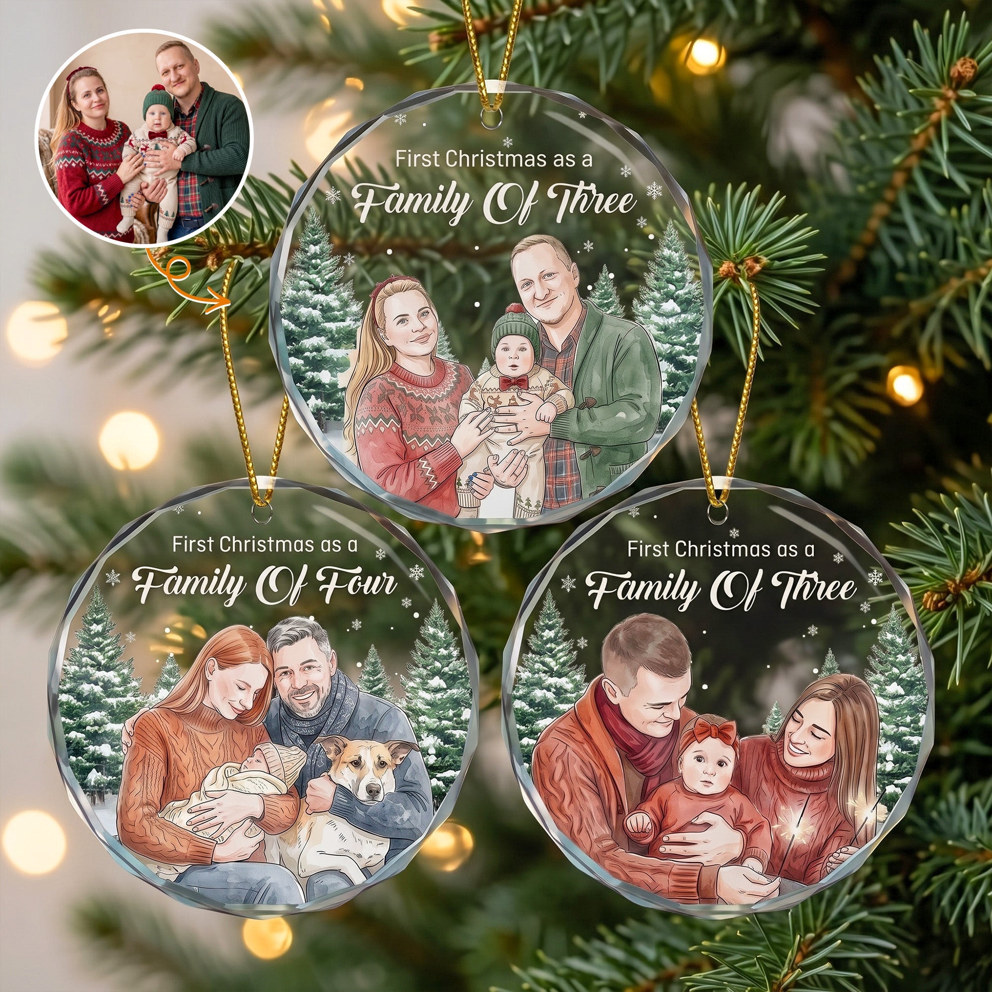 First Christmas As A Family Of Three, Four, Five Custom Photo Watercolor - Personalized Ornament