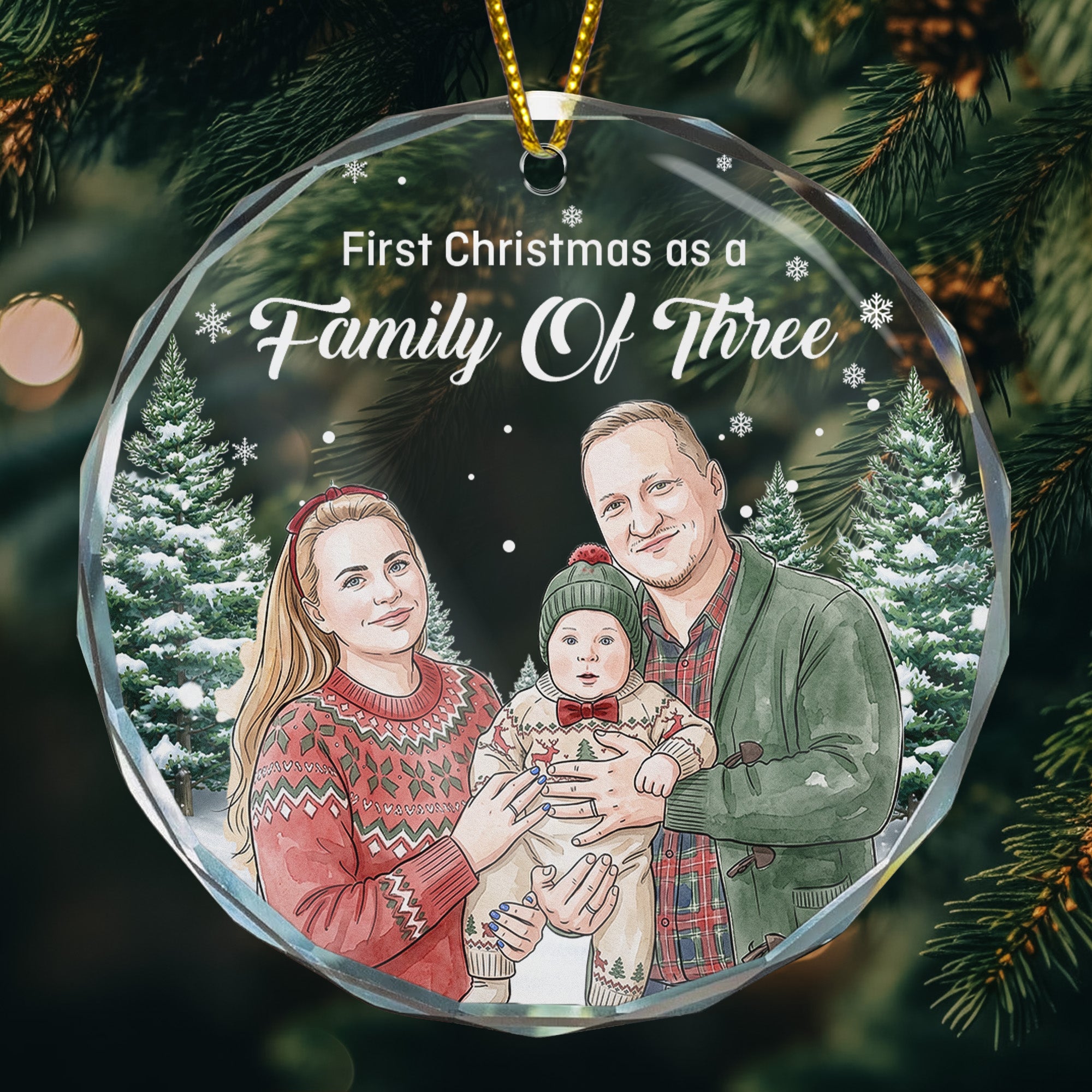 First Christmas As A Family Of Three, Four, Five Custom Photo Watercolor - Personalized Ornament