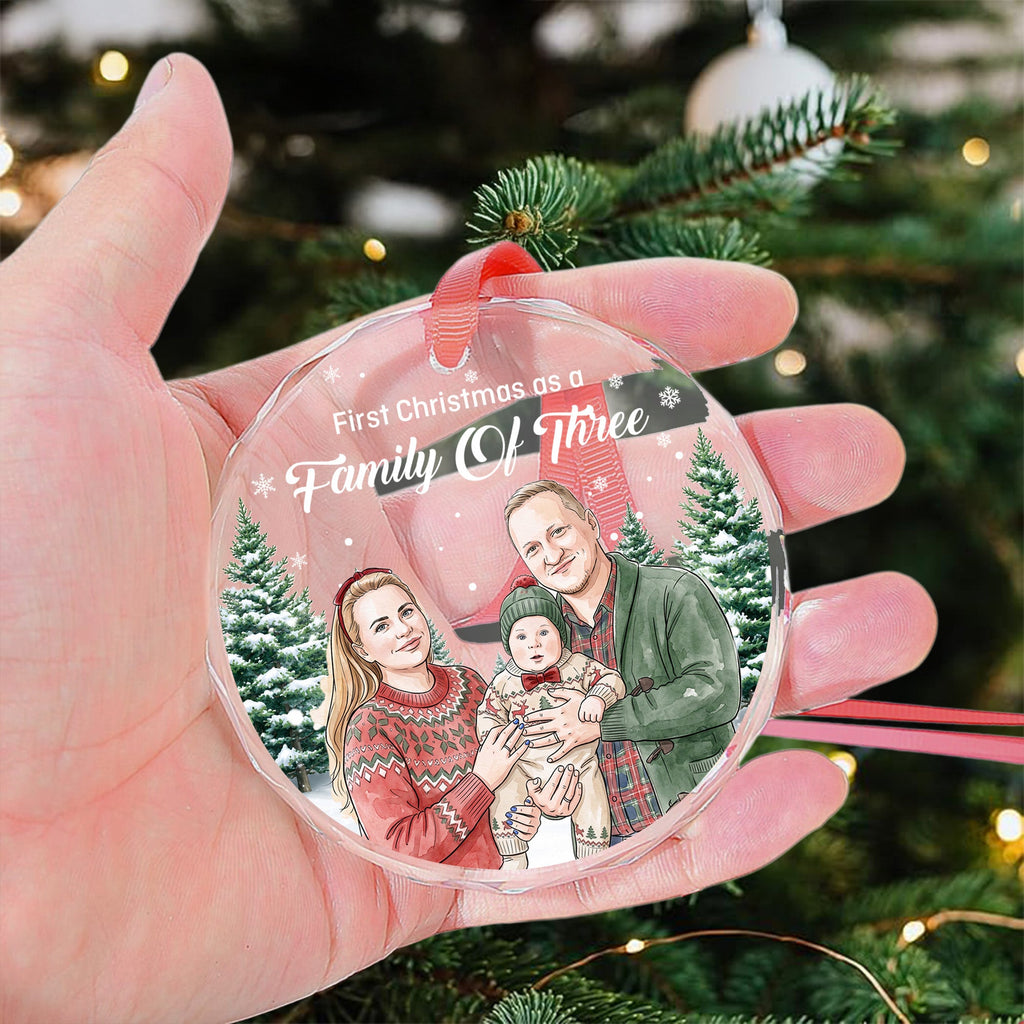 First Christmas As A Family Of Three, Four, Five Custom Photo Watercolor - Personalized Ornament