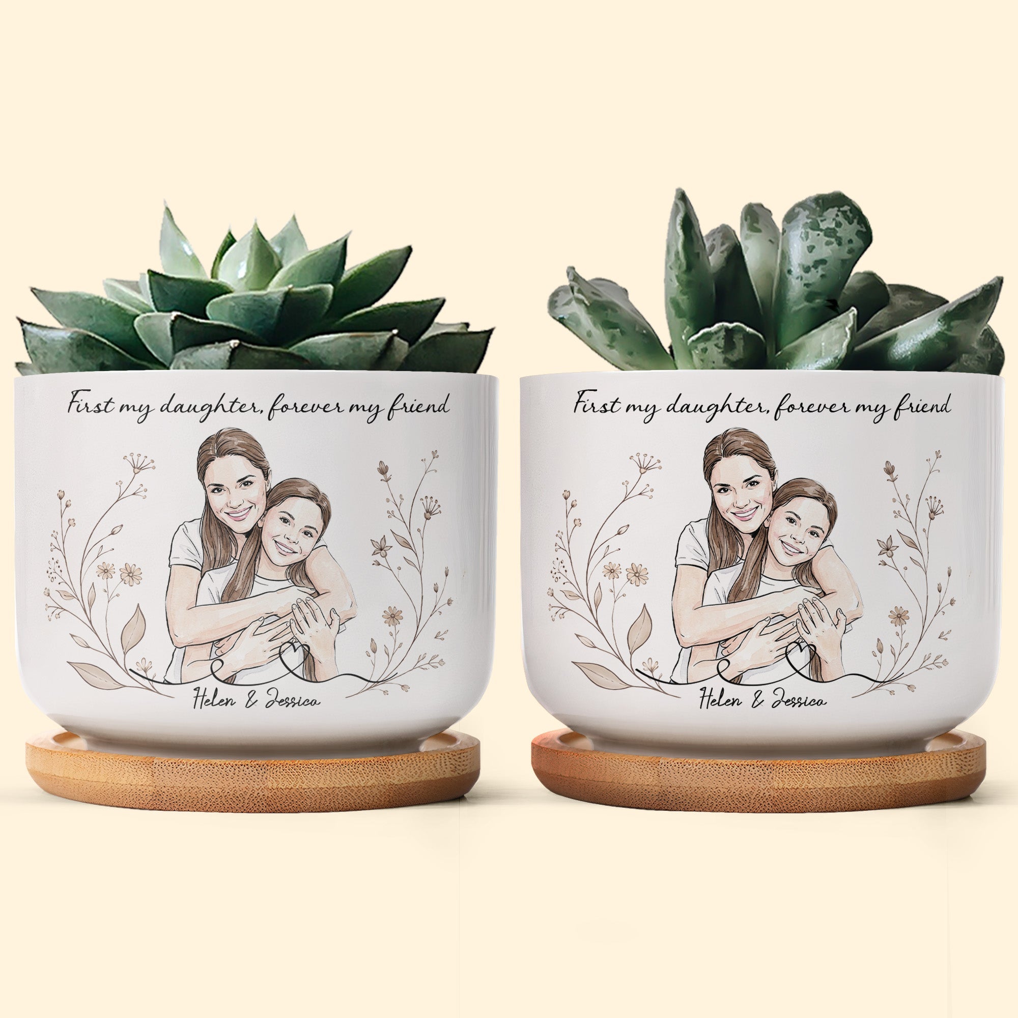 First My Daughter Forever My Friend Custom Photo Watercolor - Personalized Plant Pot