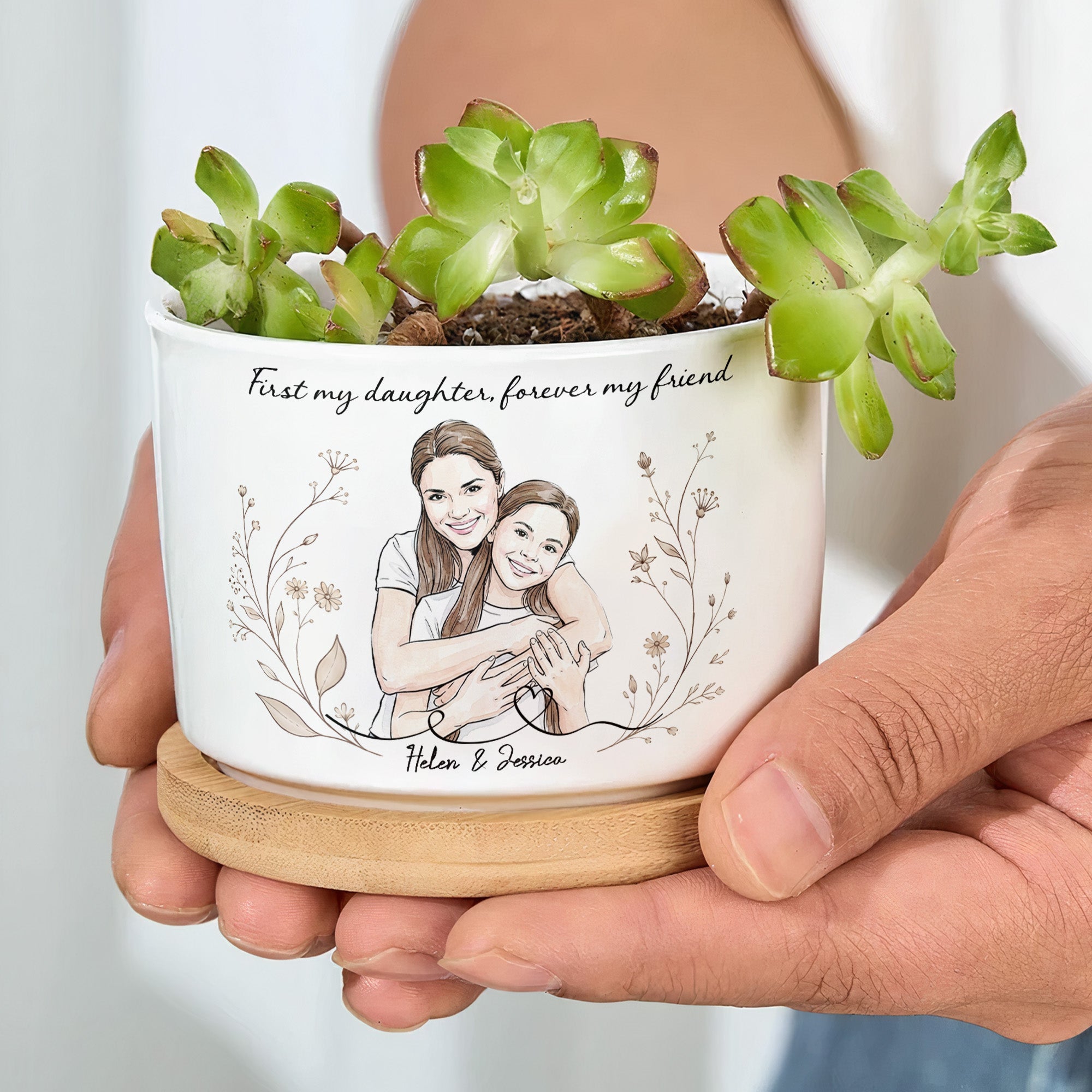 First My Daughter Forever My Friend Custom Photo Watercolor - Personalized Plant Pot