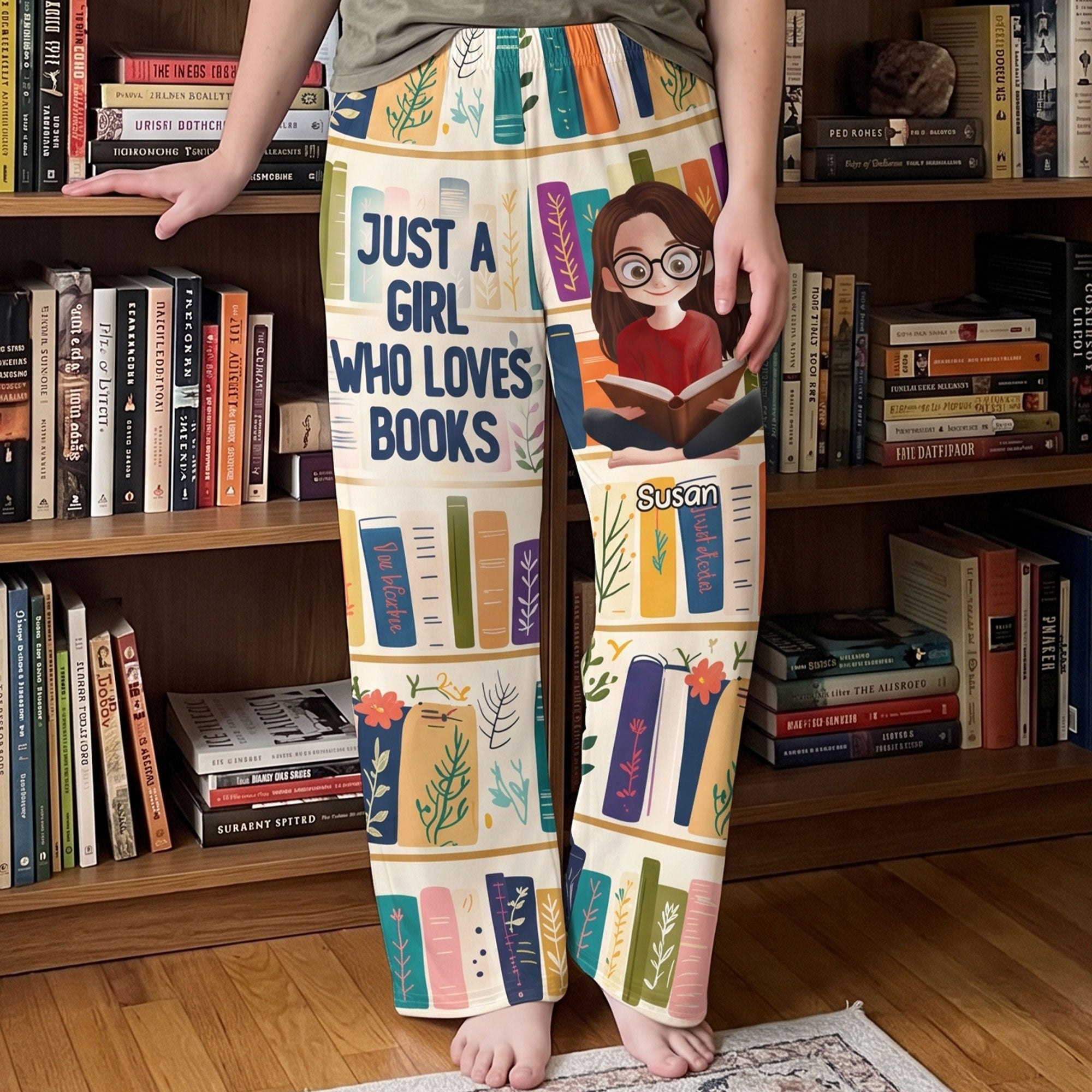 Floral Bookshelf, Just A Girl Who Loves Books Gift For Bookworm - Personalized Lounge Pants