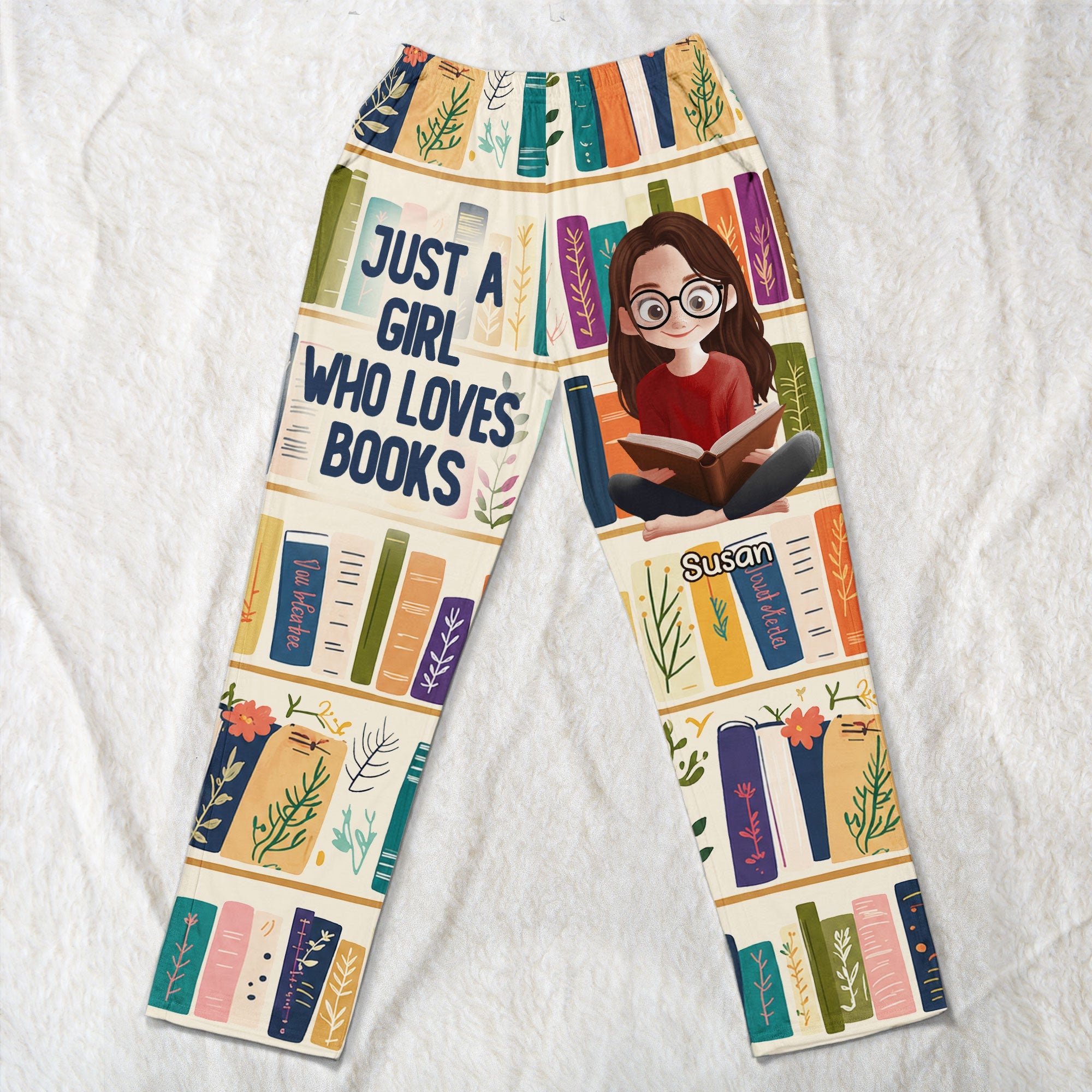 Floral Bookshelf, Just A Girl Who Loves Books Gift For Bookworm - Personalized Lounge Pants