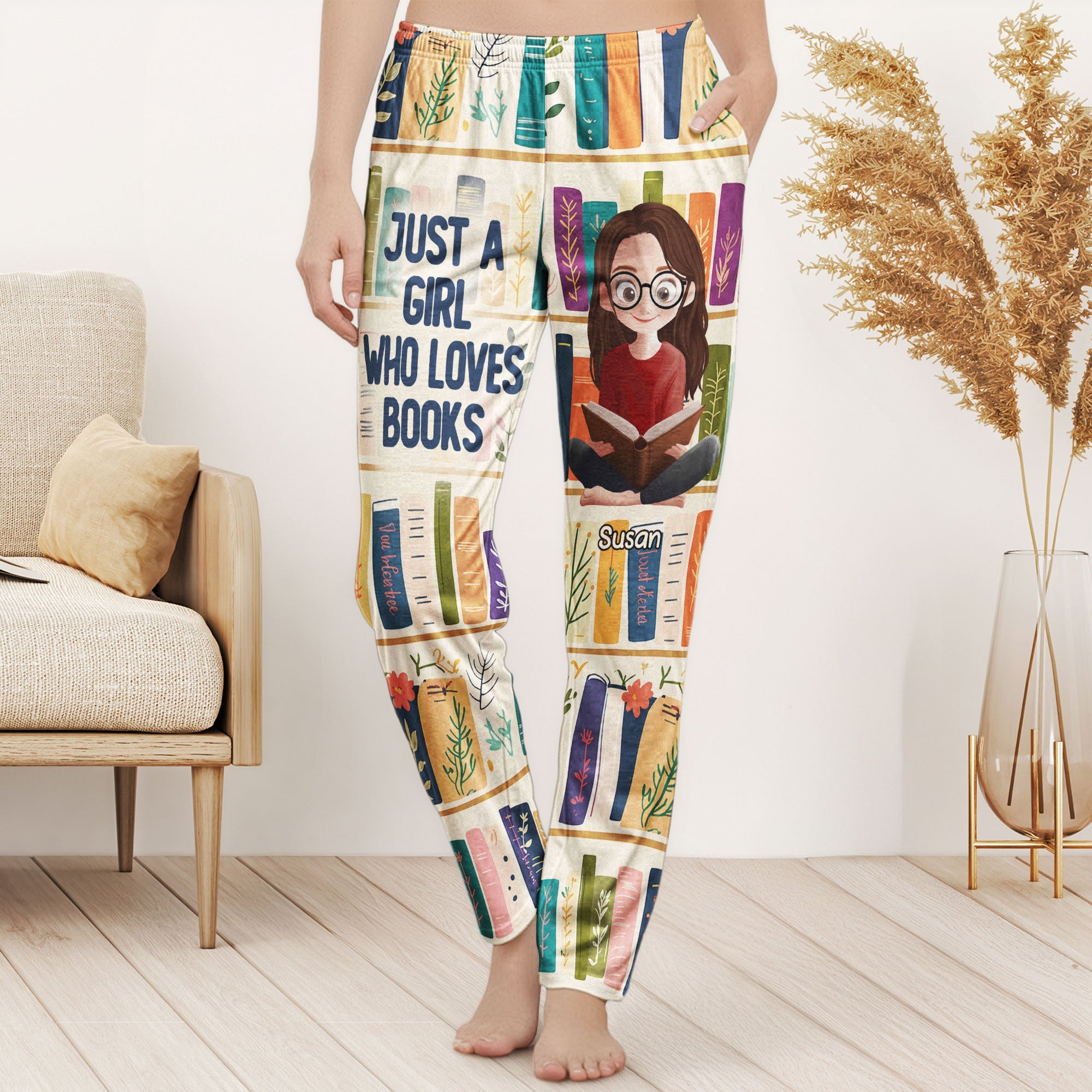 Floral Bookshelf, Just A Girl Who Loves Books Gift For Bookworm - Personalized Lounge Pants