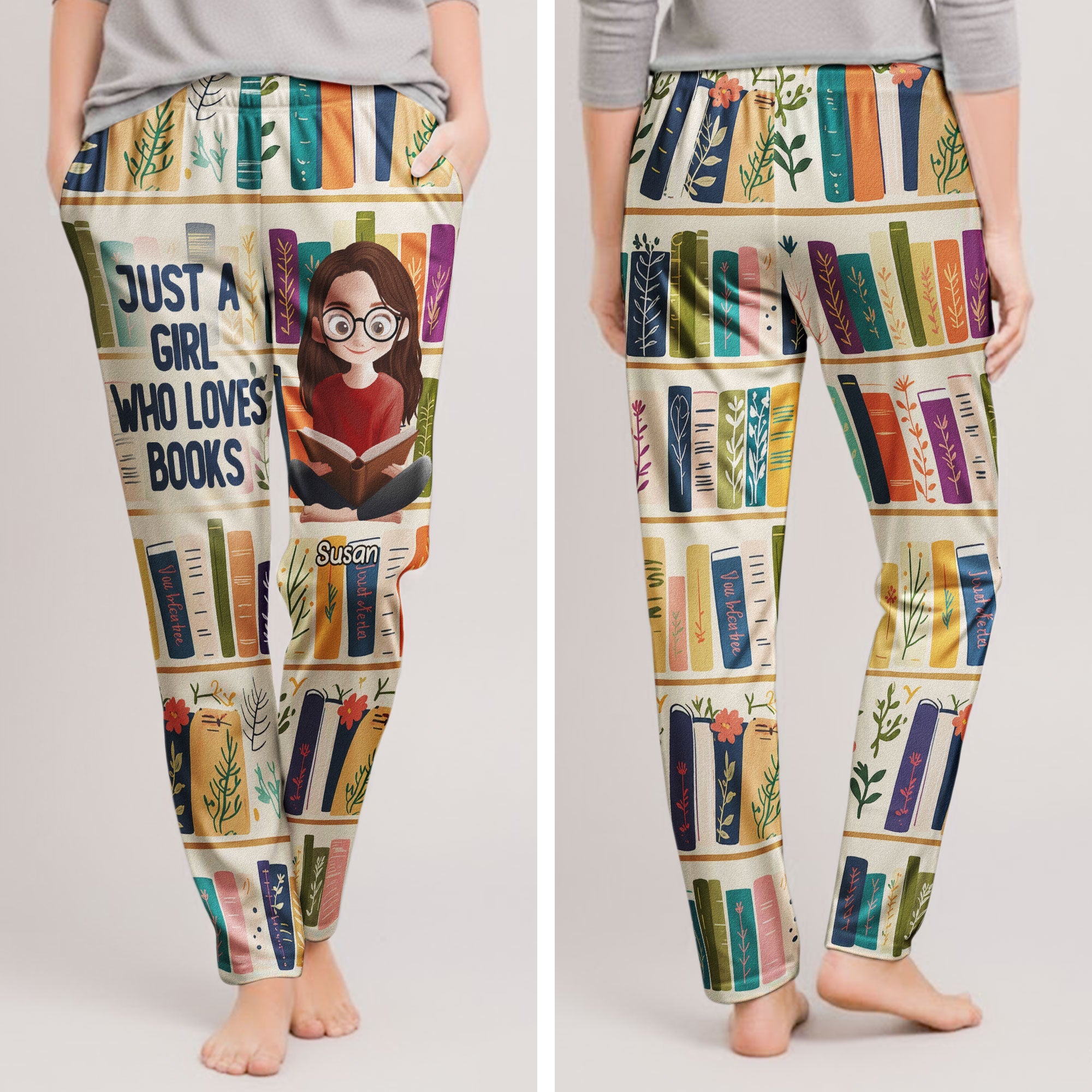 Floral Bookshelf, Just A Girl Who Loves Books Gift For Bookworm - Personalized Lounge Pants