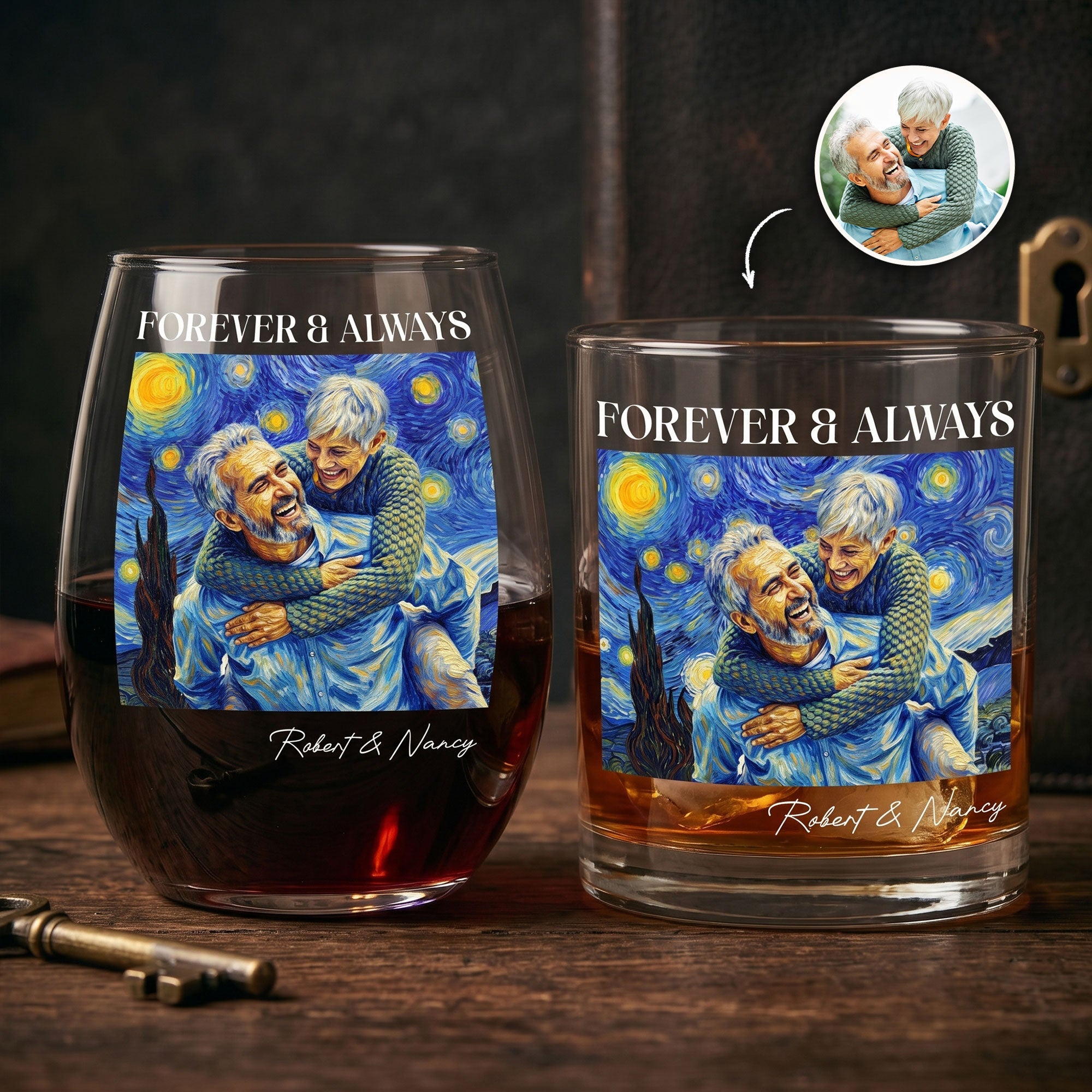 Forever & Always Couple Photo Van Gogh Art - Personalized Whiskey Glass And Wine Glass Set