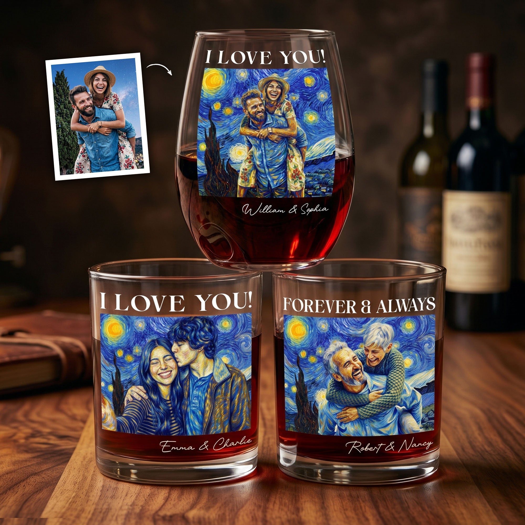 Forever & Always Couple Photo Van Gogh Art - Personalized Whiskey Glass And Wine Glass Set