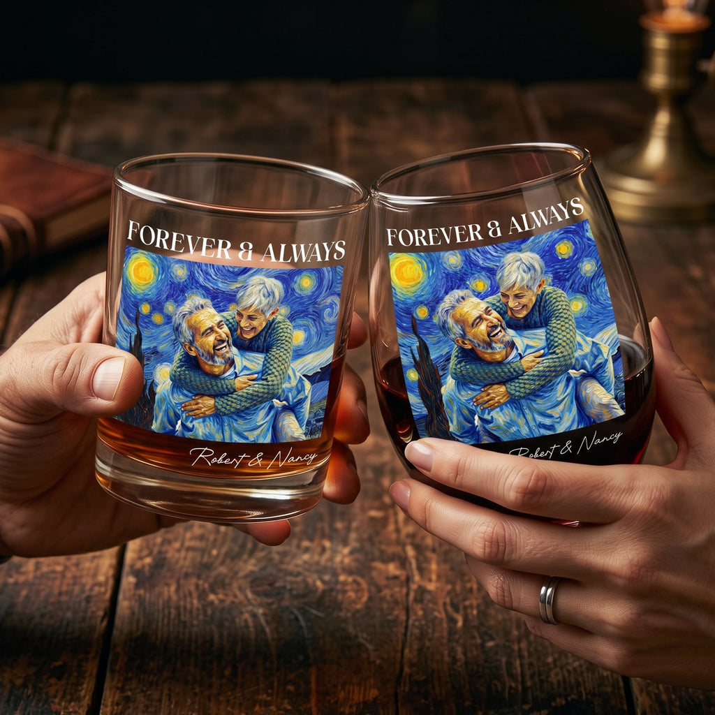 Forever & Always Couple Photo Van Gogh Art - Personalized Whiskey Glass And Wine Glass Set